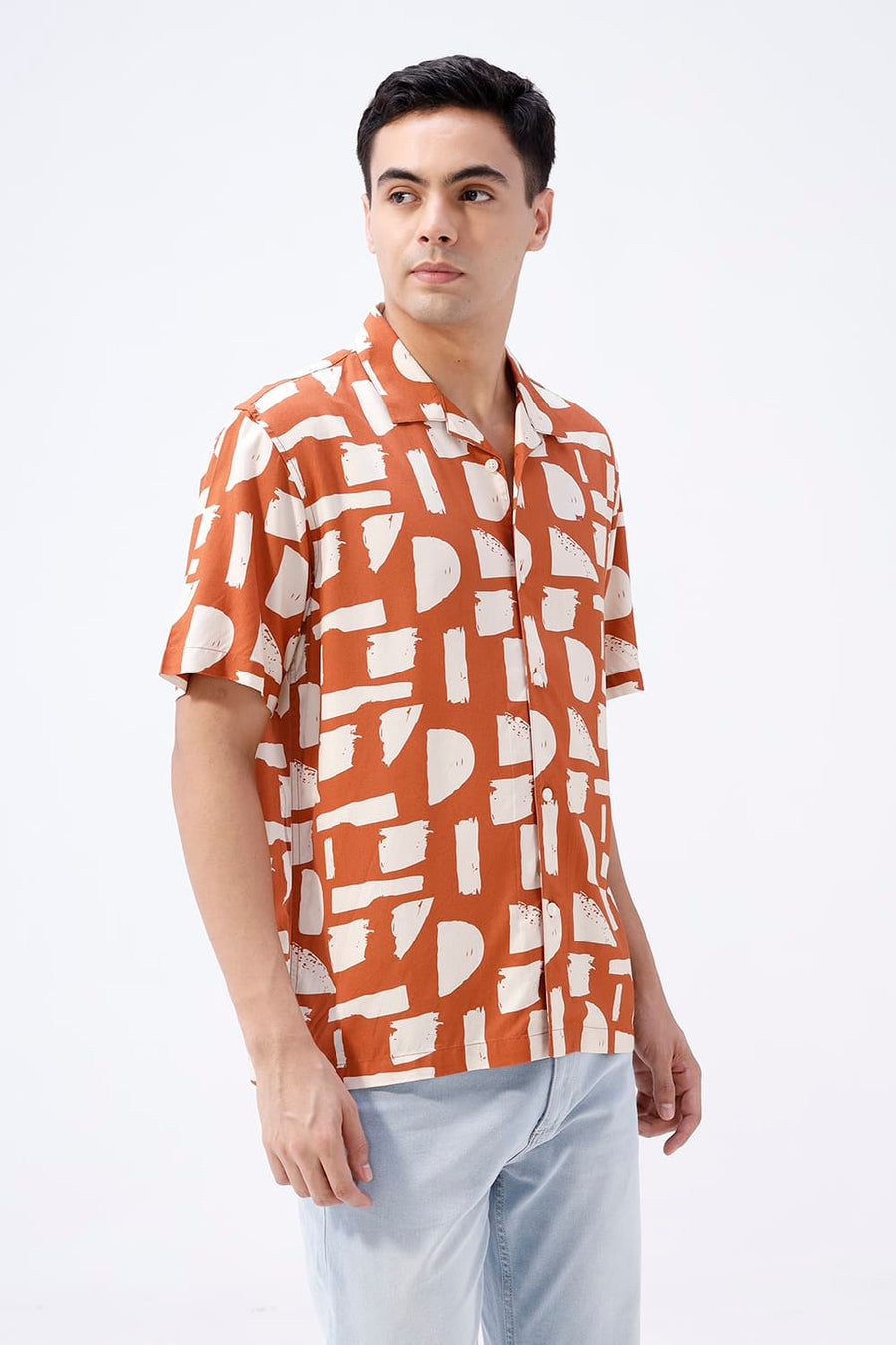 BASICS RELAXED FIT ORANGE RUST COTTON VISCOSE DIGITAL PRINTED HALFSLEEVES SHIRT