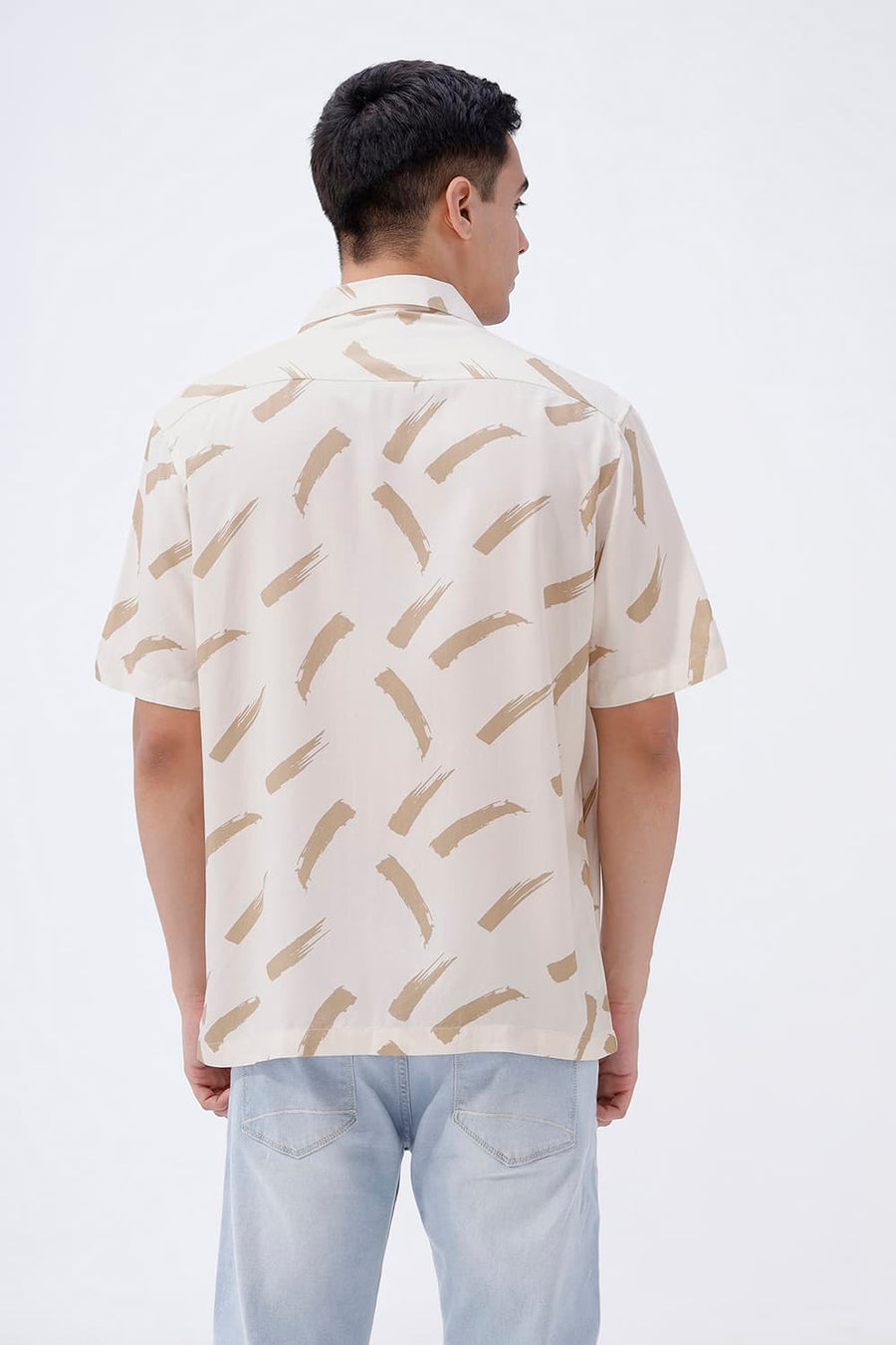 BASICS RELAXED FIT BEIGE SAND COTTON VISCOSE DIGITAL PRINTED HALFSLEEVES SHIRT