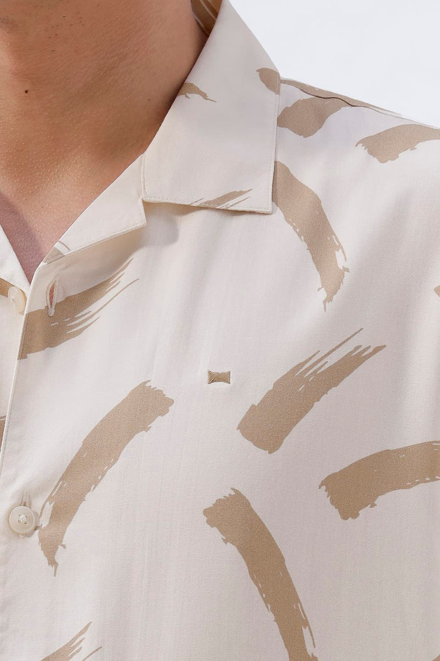 BASICS RELAXED FIT BEIGE SAND COTTON VISCOSE DIGITAL PRINTED HALFSLEEVES SHIRT