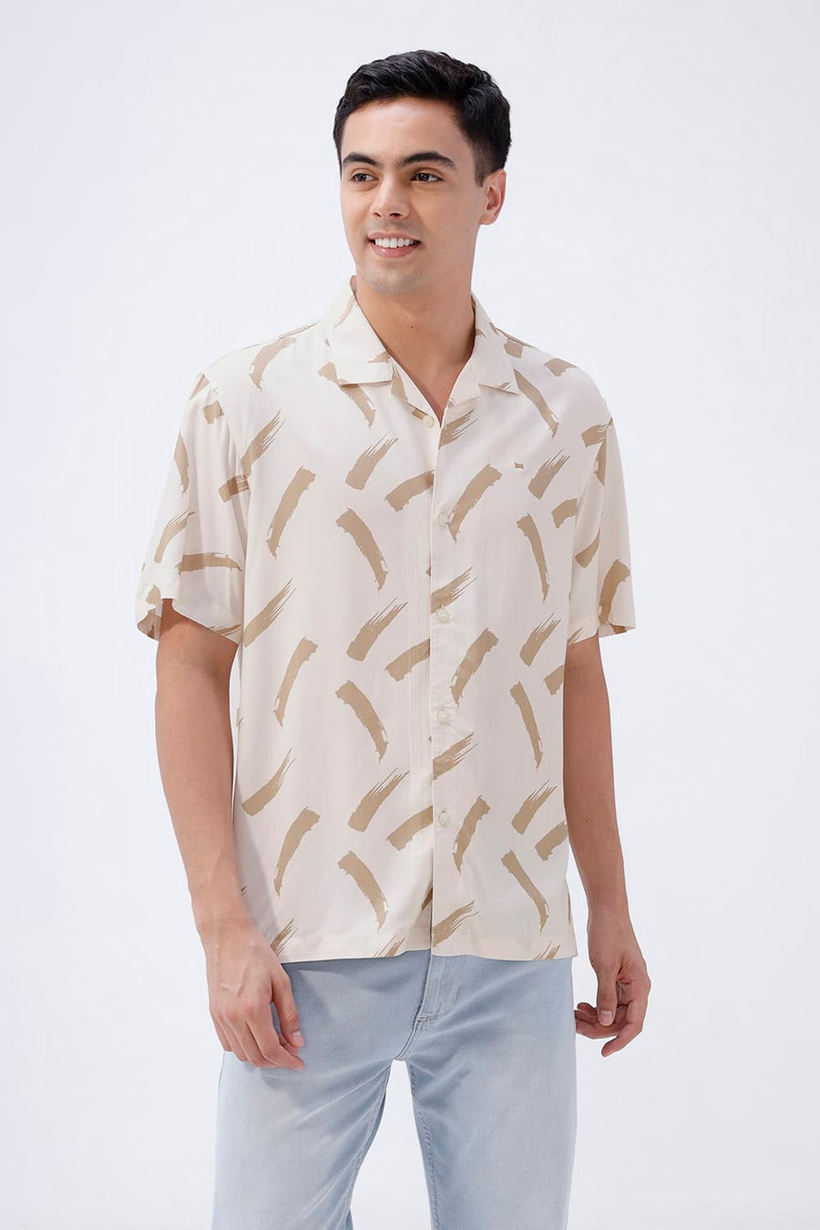 BASICS RELAXED FIT BEIGE SAND COTTON VISCOSE DIGITAL PRINTED HALFSLEEVES SHIRT