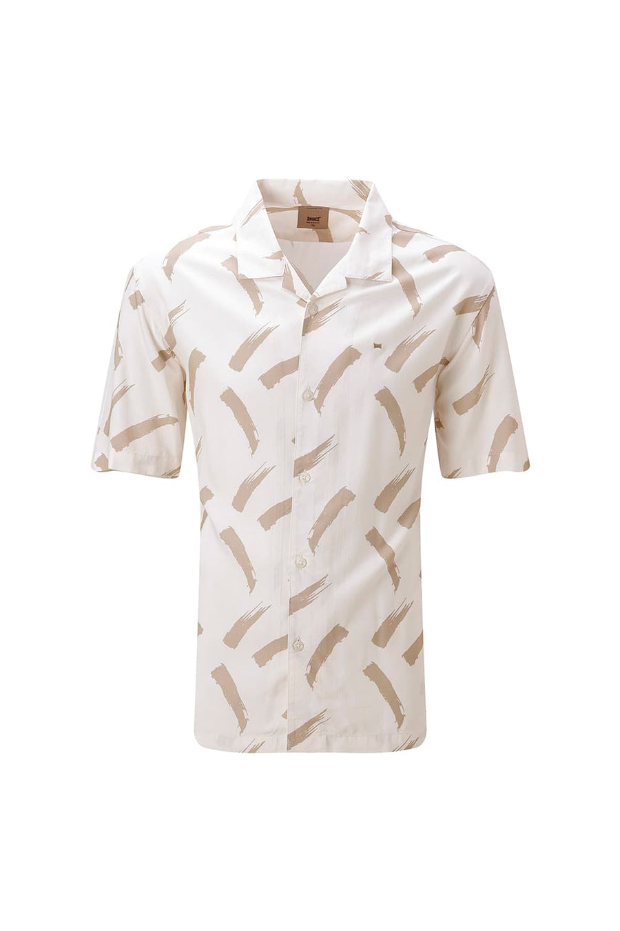 BASICS RELAXED FIT BEIGE SAND COTTON VISCOSE DIGITAL PRINTED HALFSLEEVES SHIRT