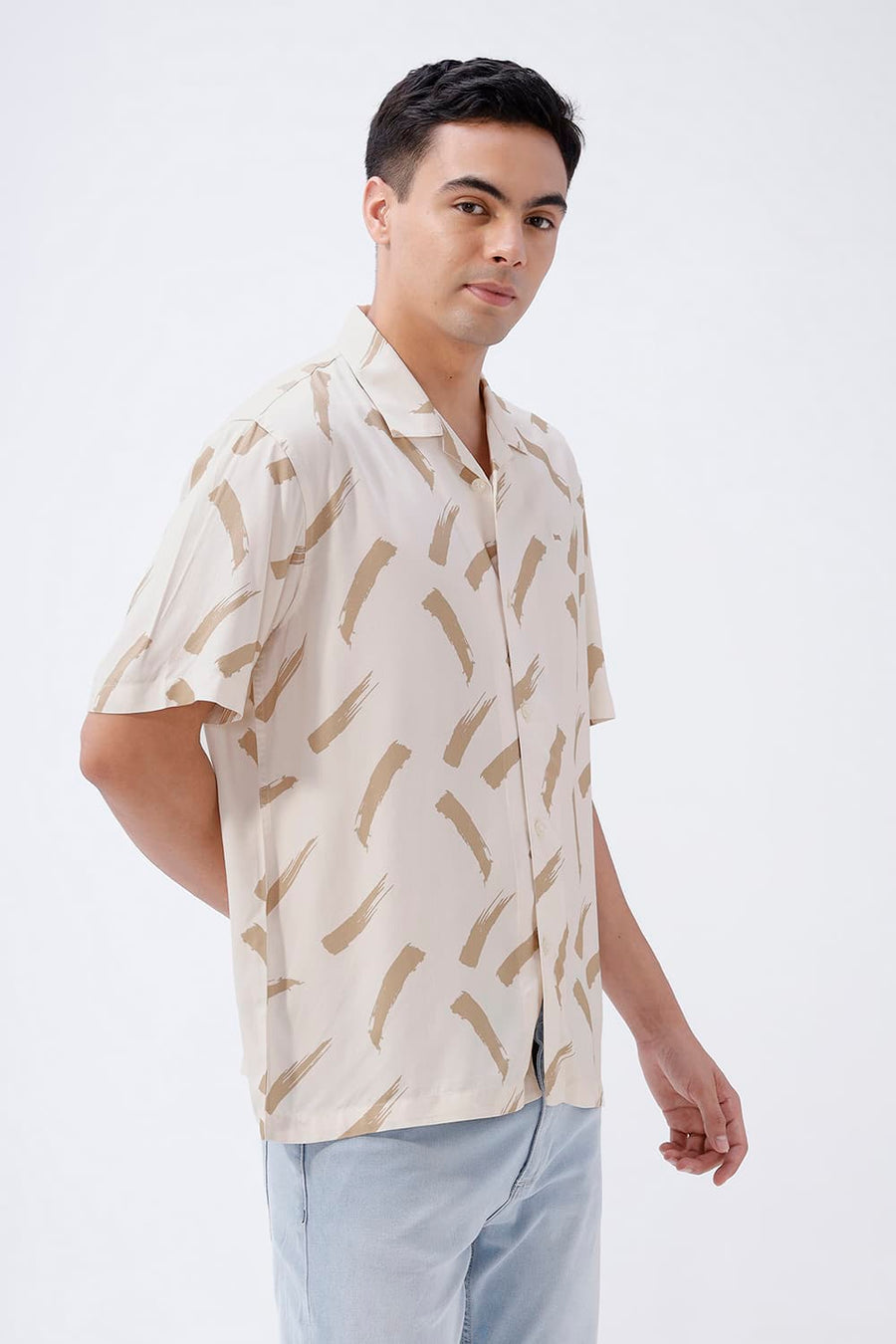 BASICS RELAXED FIT BEIGE SAND COTTON VISCOSE DIGITAL PRINTED HALFSLEEVES SHIRT