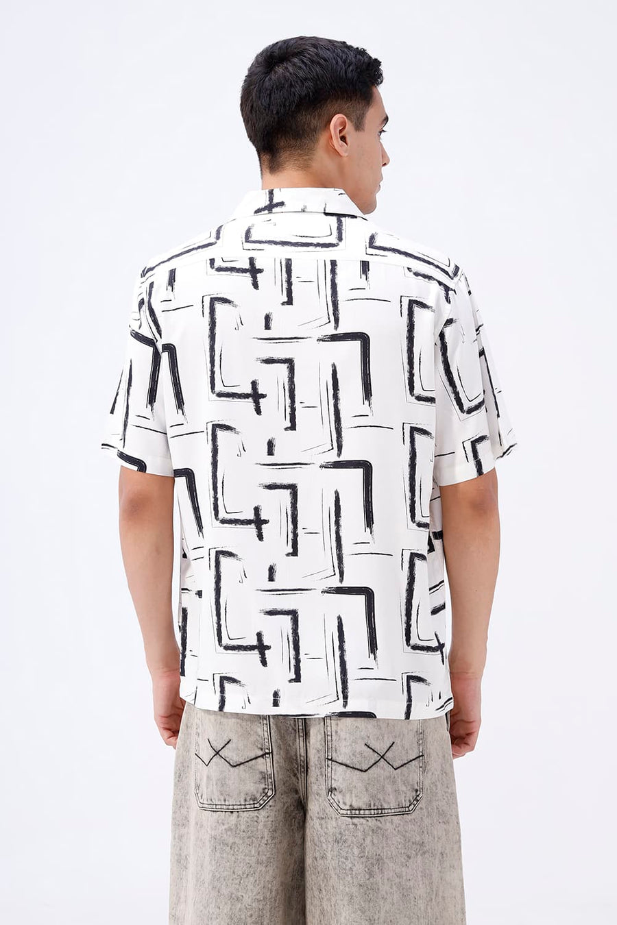 BASICS RELAXED FIT BLACK WOLF COTTON VISCOSE DIGITAL PRINTED HALFSLEEVES SHIRT