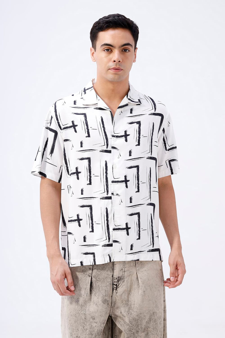 BASICS RELAXED FIT BLACK WOLF COTTON VISCOSE DIGITAL PRINTED HALFSLEEVES SHIRT