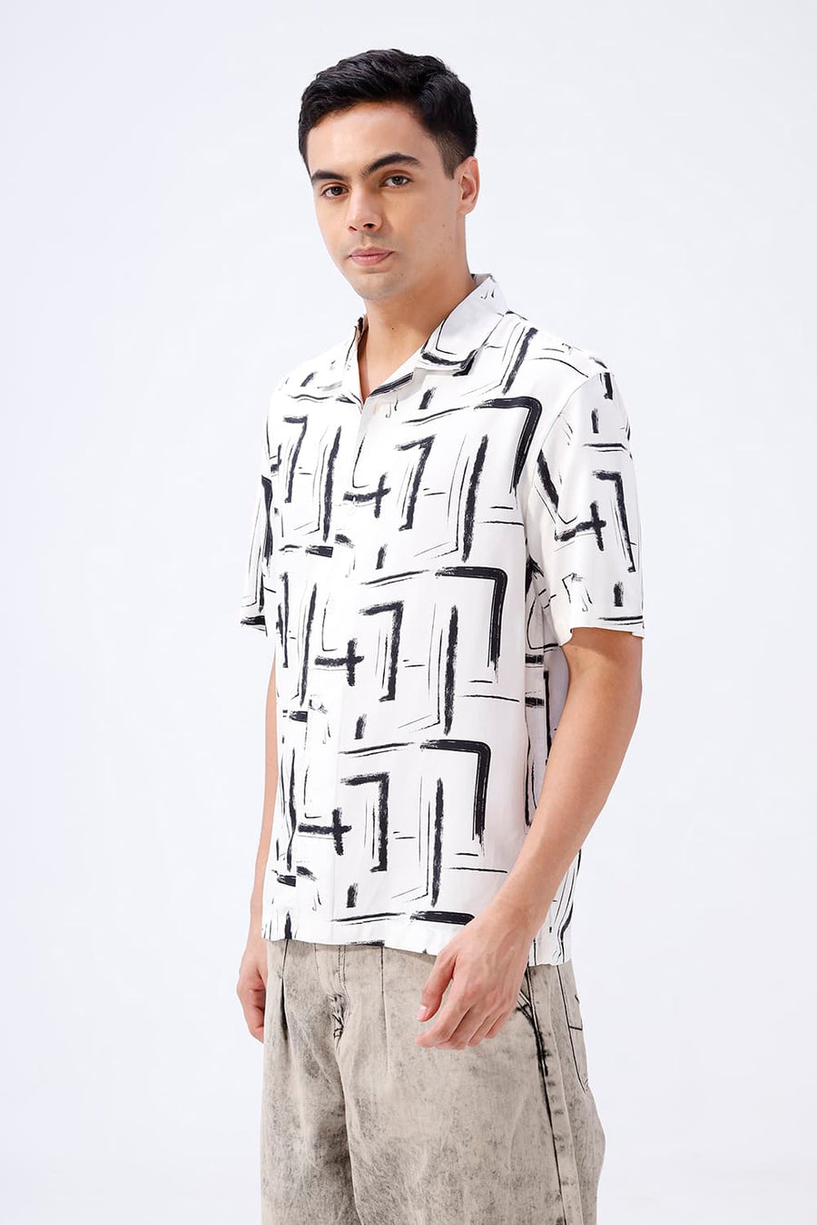 BASICS RELAXED FIT BLACK WOLF COTTON VISCOSE DIGITAL PRINTED HALFSLEEVES SHIRT