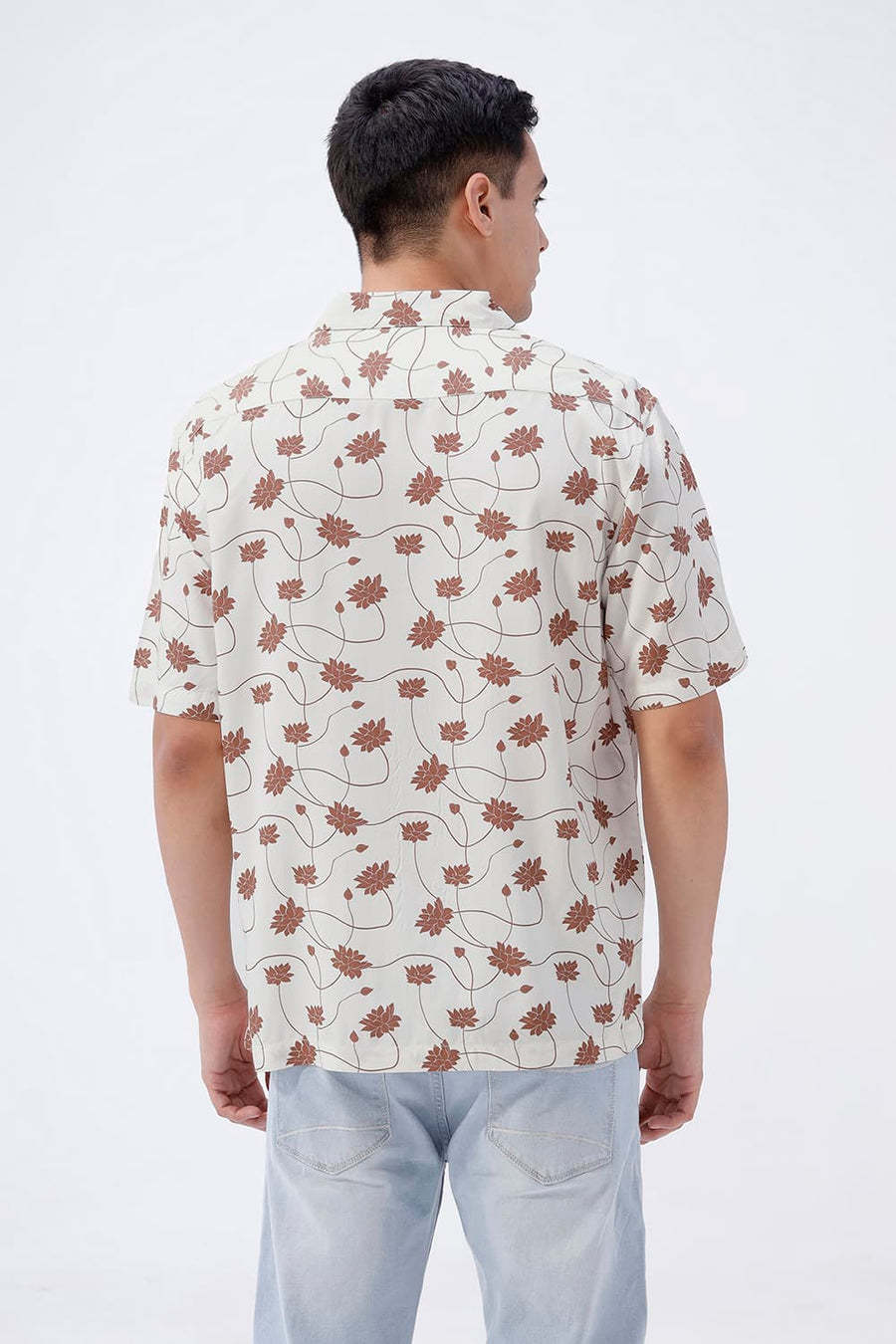 BASICS RELAXED FIT TOASTED BROWN COTTON VISCOSE DIGITAL PRINTED HALFSLEEVES SHIRT
