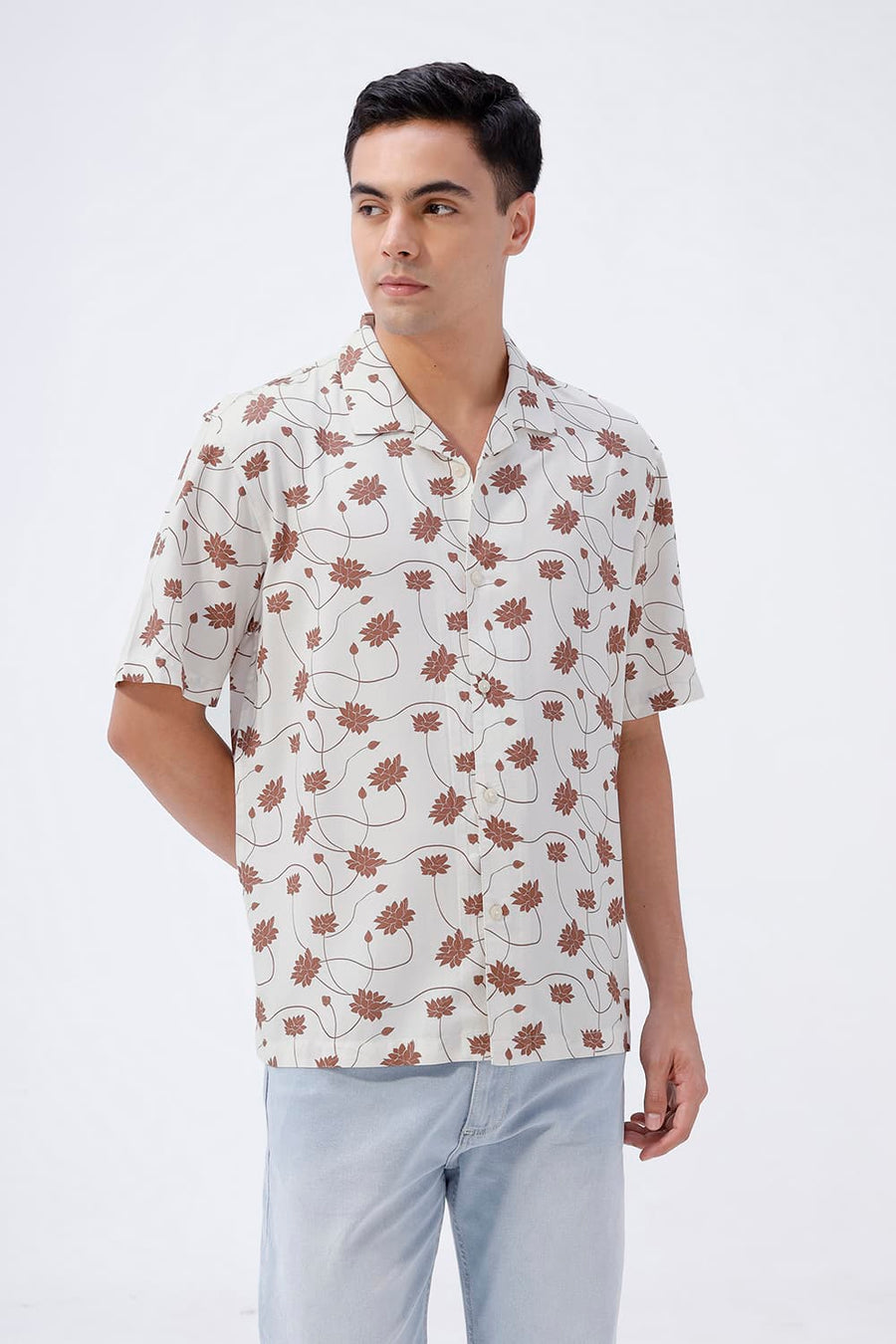 BASICS RELAXED FIT TOASTED BROWN COTTON VISCOSE DIGITAL PRINTED HALFSLEEVES SHIRT