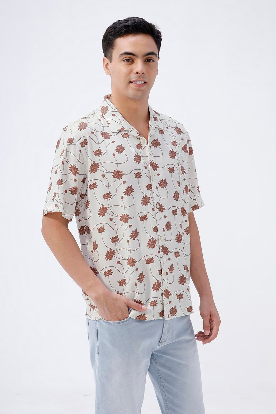 BASICS RELAXED FIT TOASTED BROWN COTTON VISCOSE DIGITAL PRINTED HALFSLEEVES SHIRT