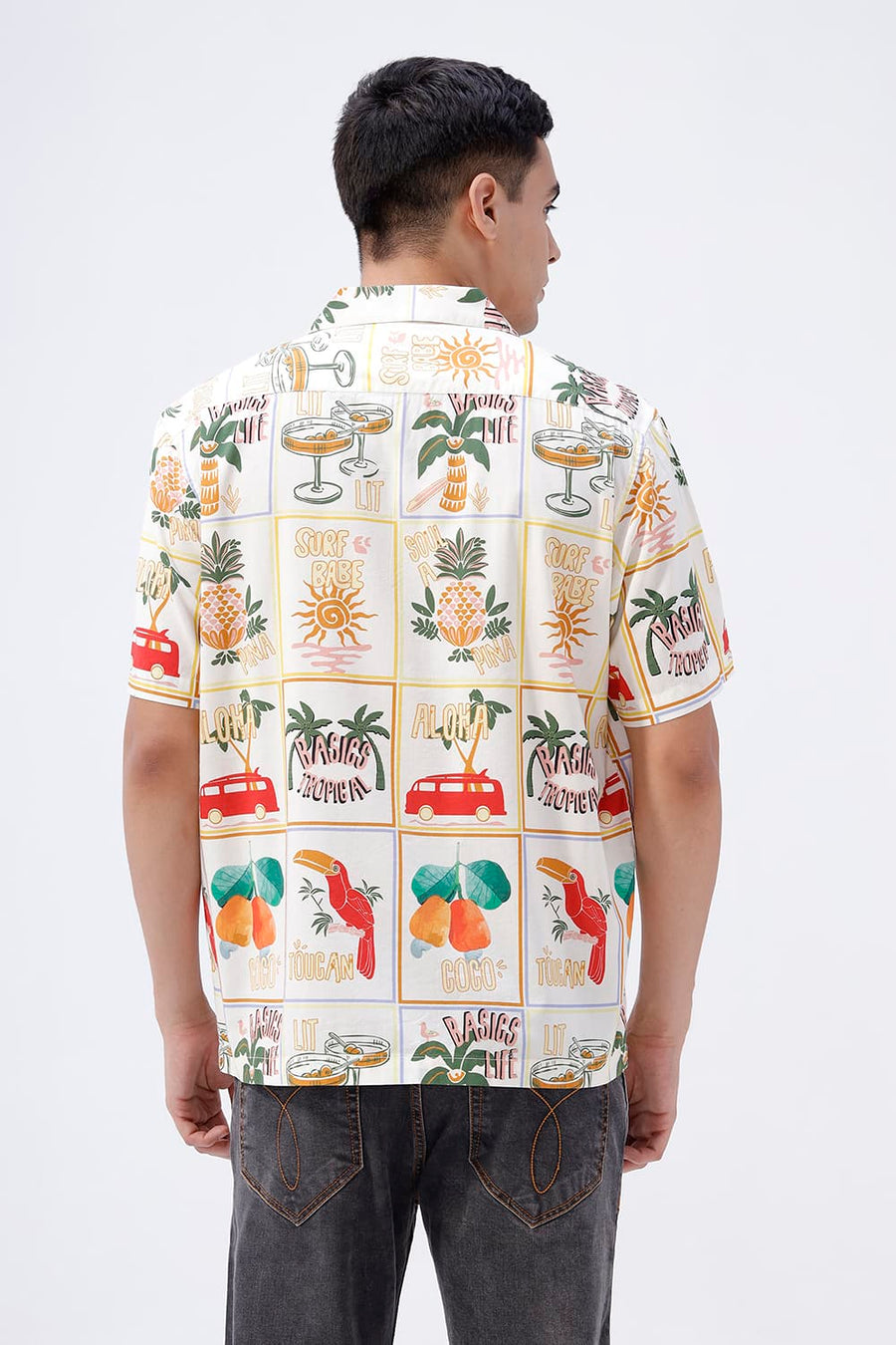 BASICS RELAXED FIT WINTER YELLOW COTTON VISCOSE DIGITAL PRINTED HALFSLEEVES SHIRT