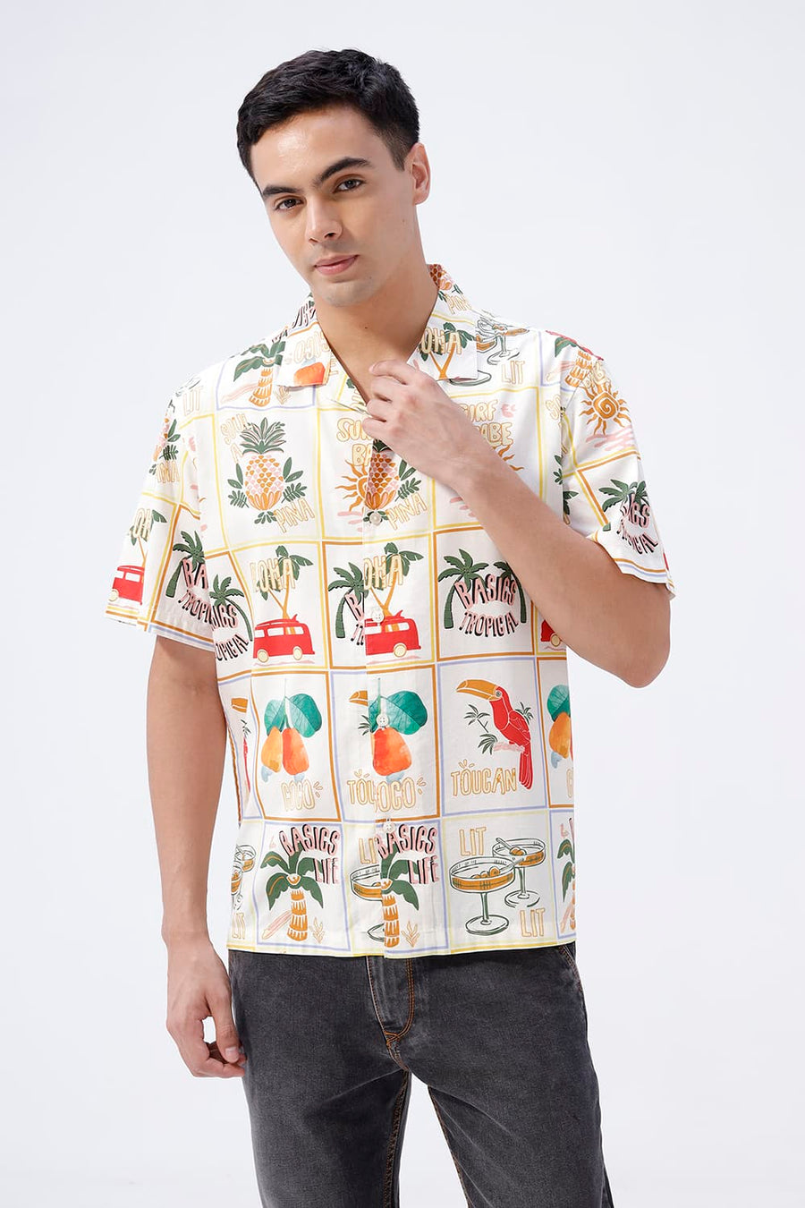 BASICS RELAXED FIT WINTER YELLOW COTTON VISCOSE DIGITAL PRINTED HALFSLEEVES SHIRT
