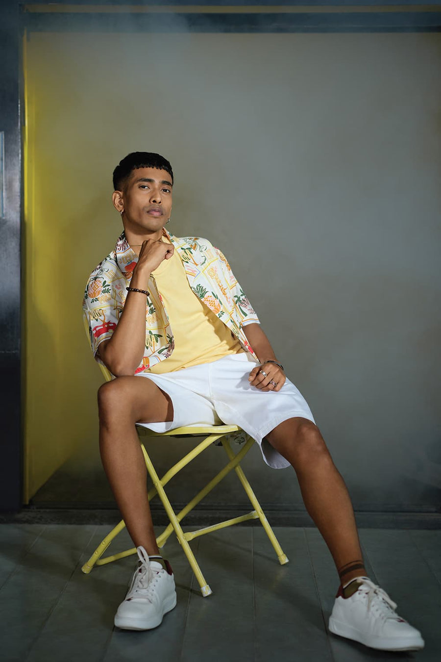 Basics Relaxed Fit Winter Yellow Cotton Viscose Digital Printed Halfsleeves Shirt