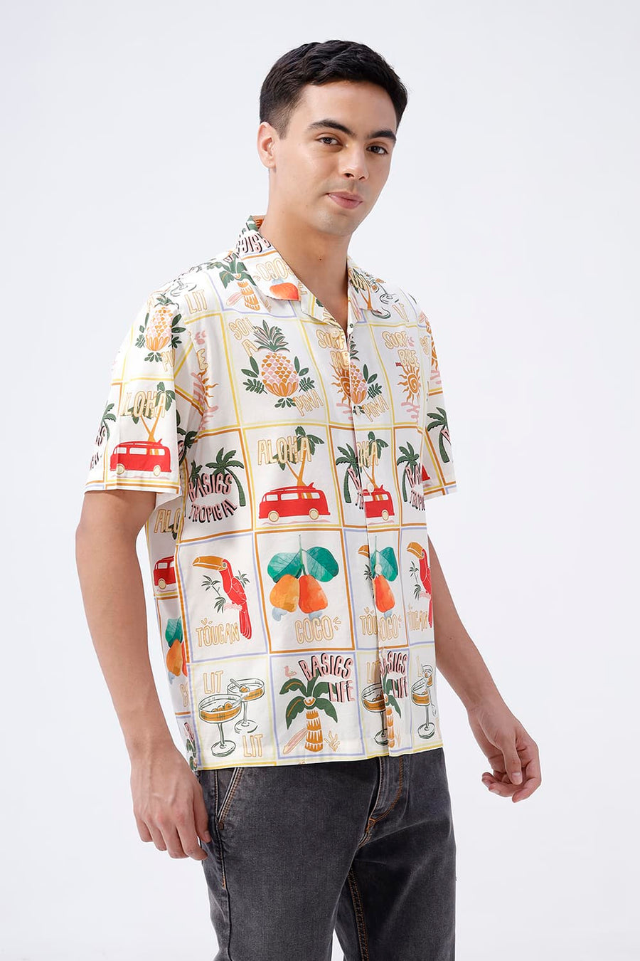 BASICS RELAXED FIT WINTER YELLOW COTTON VISCOSE DIGITAL PRINTED HALFSLEEVES SHIRT