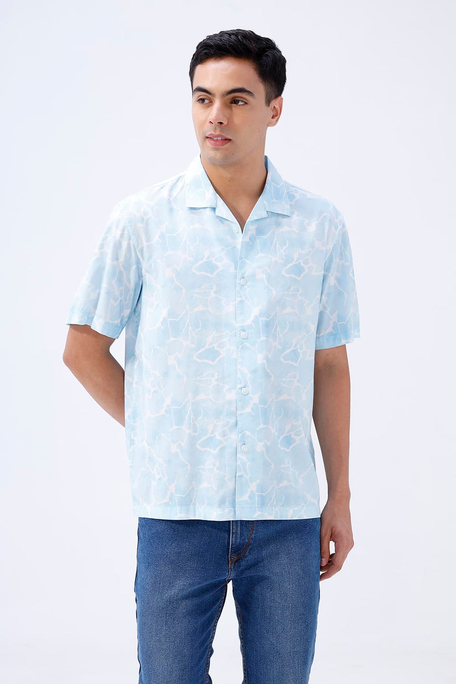 BASICS RELAXED FIT OCEAN BLUE COTTON VISCOSE DIGITAL PRINTED HALFSLEEVES SHIRT