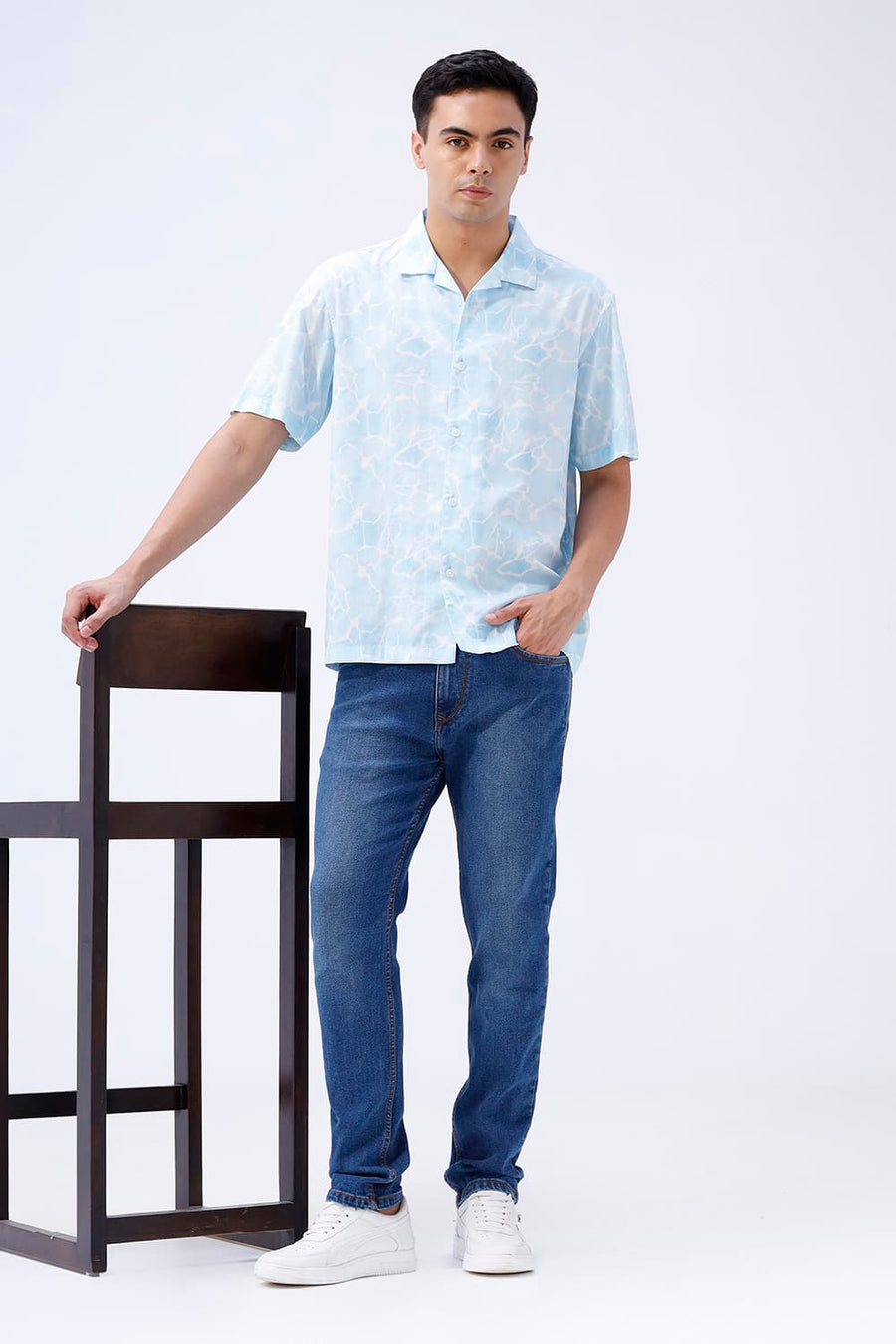 BASICS RELAXED FIT OCEAN BLUE COTTON VISCOSE DIGITAL PRINTED HALFSLEEVES SHIRT