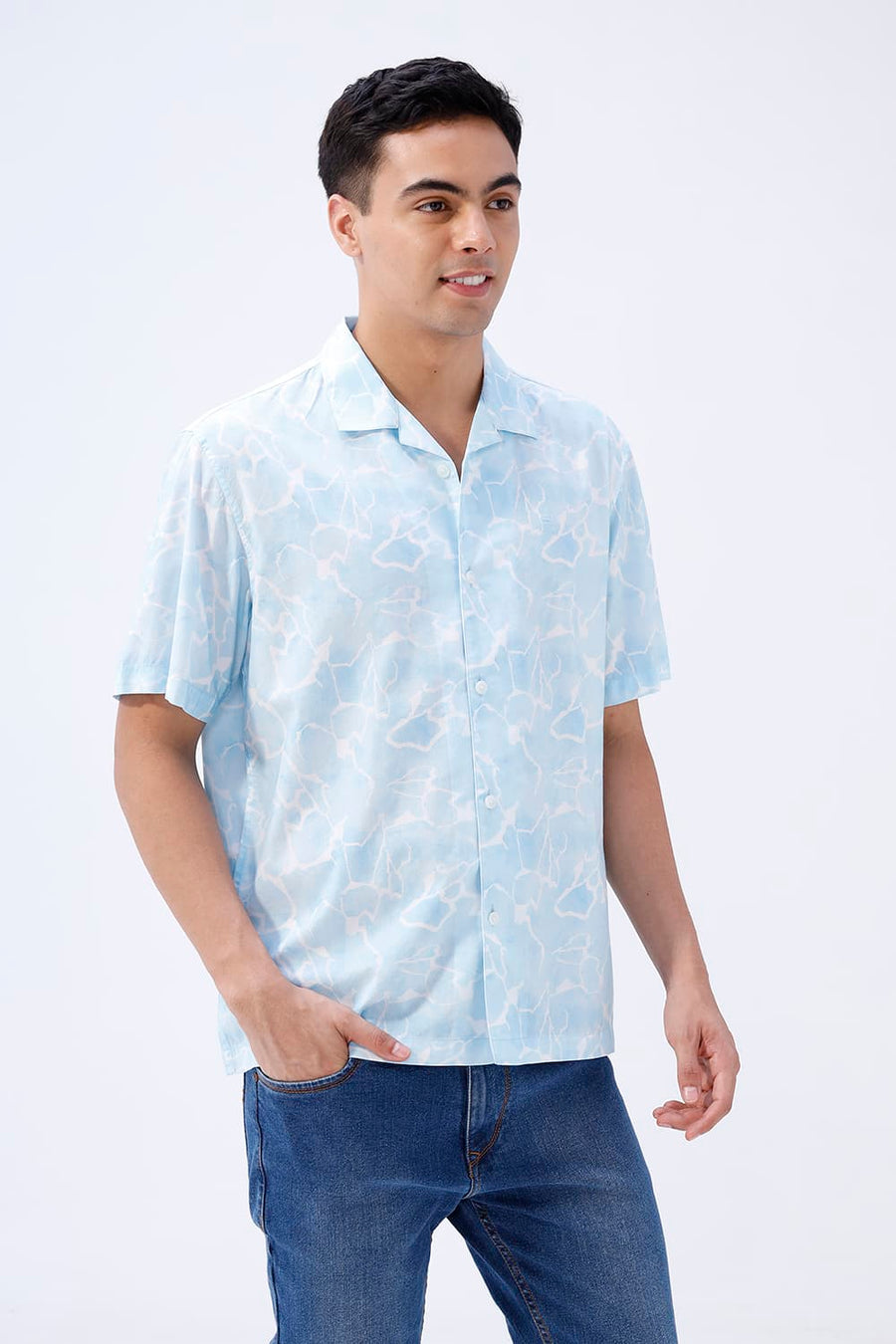 BASICS RELAXED FIT OCEAN BLUE COTTON VISCOSE DIGITAL PRINTED HALFSLEEVES SHIRT