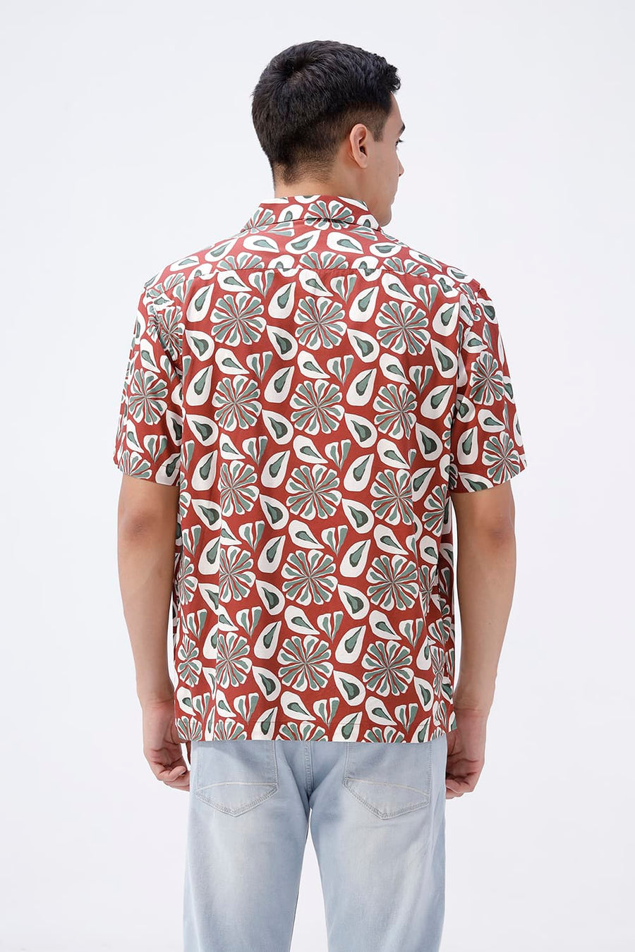 BASICS RELAXED FIT BRICK MAROON COTTON VISCOSE DIGITAL PRINTED HALFSLEEVES SHIRT