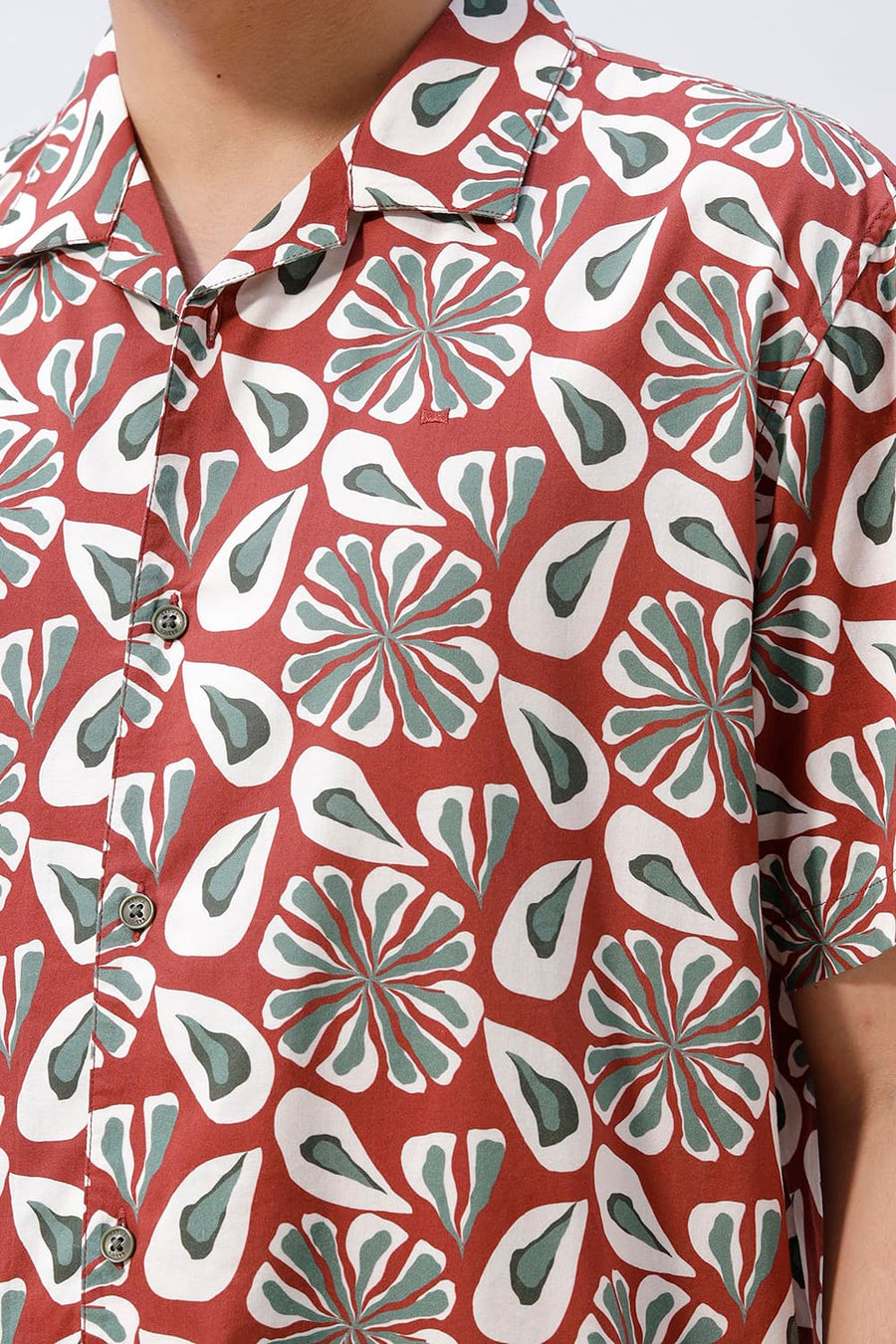 BASICS RELAXED FIT BRICK MAROON COTTON VISCOSE DIGITAL PRINTED HALFSLEEVES SHIRT