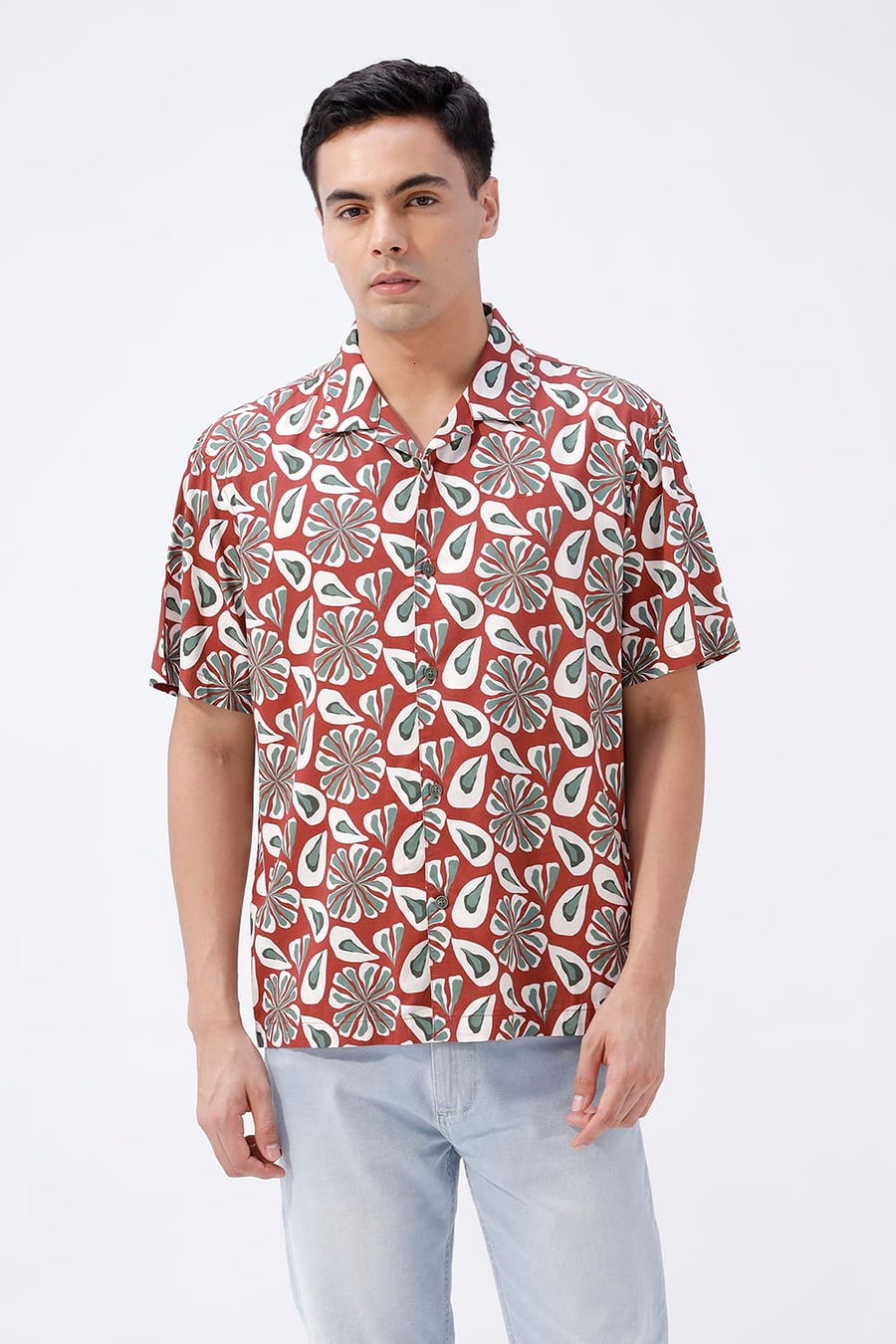 BASICS RELAXED FIT BRICK MAROON COTTON VISCOSE DIGITAL PRINTED HALFSLEEVES SHIRT