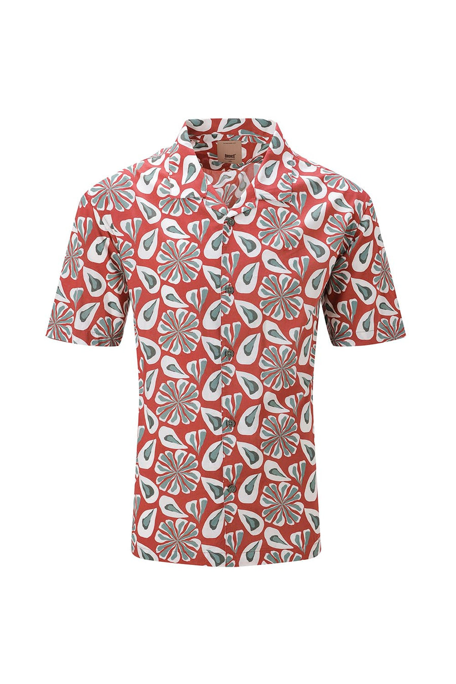 BASICS RELAXED FIT BRICK MAROON COTTON VISCOSE DIGITAL PRINTED HALFSLEEVES SHIRT