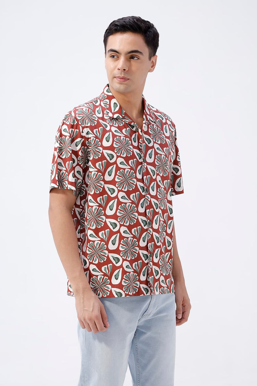 BASICS RELAXED FIT BRICK MAROON COTTON VISCOSE DIGITAL PRINTED HALFSLEEVES SHIRT