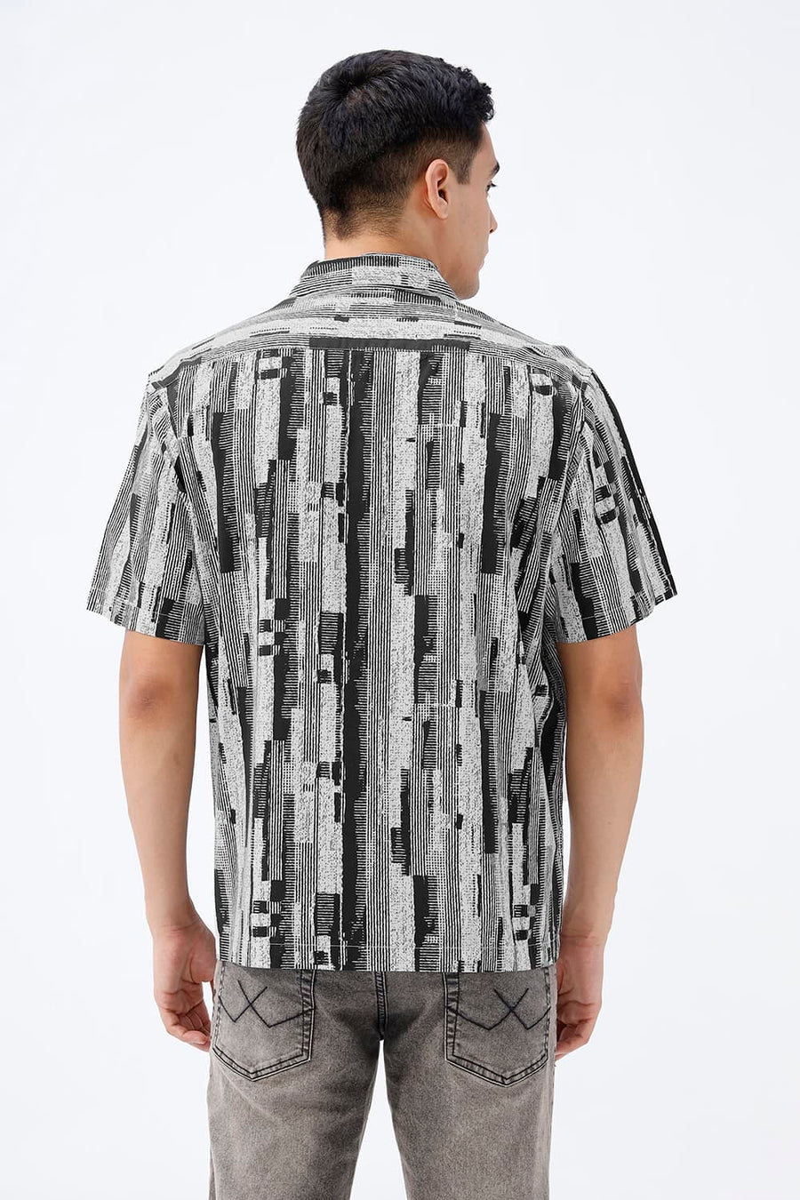 BASICS RELAXED FIT BLACK SEA COTTON VISCOSE DIGITAL PRINTED HALFSLEEVES SHIRT