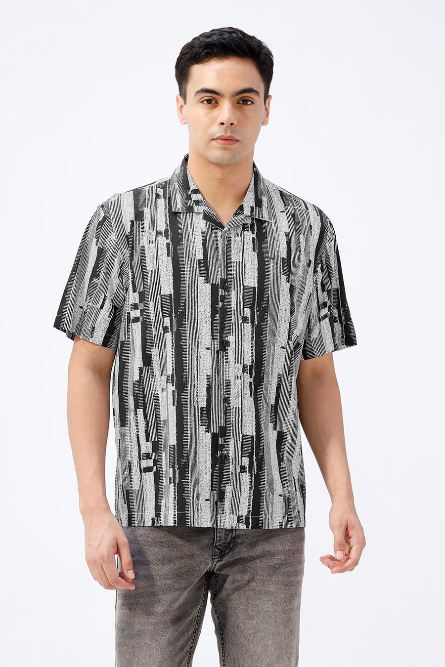 BASICS RELAXED FIT BLACK SEA COTTON VISCOSE DIGITAL PRINTED HALFSLEEVES SHIRT