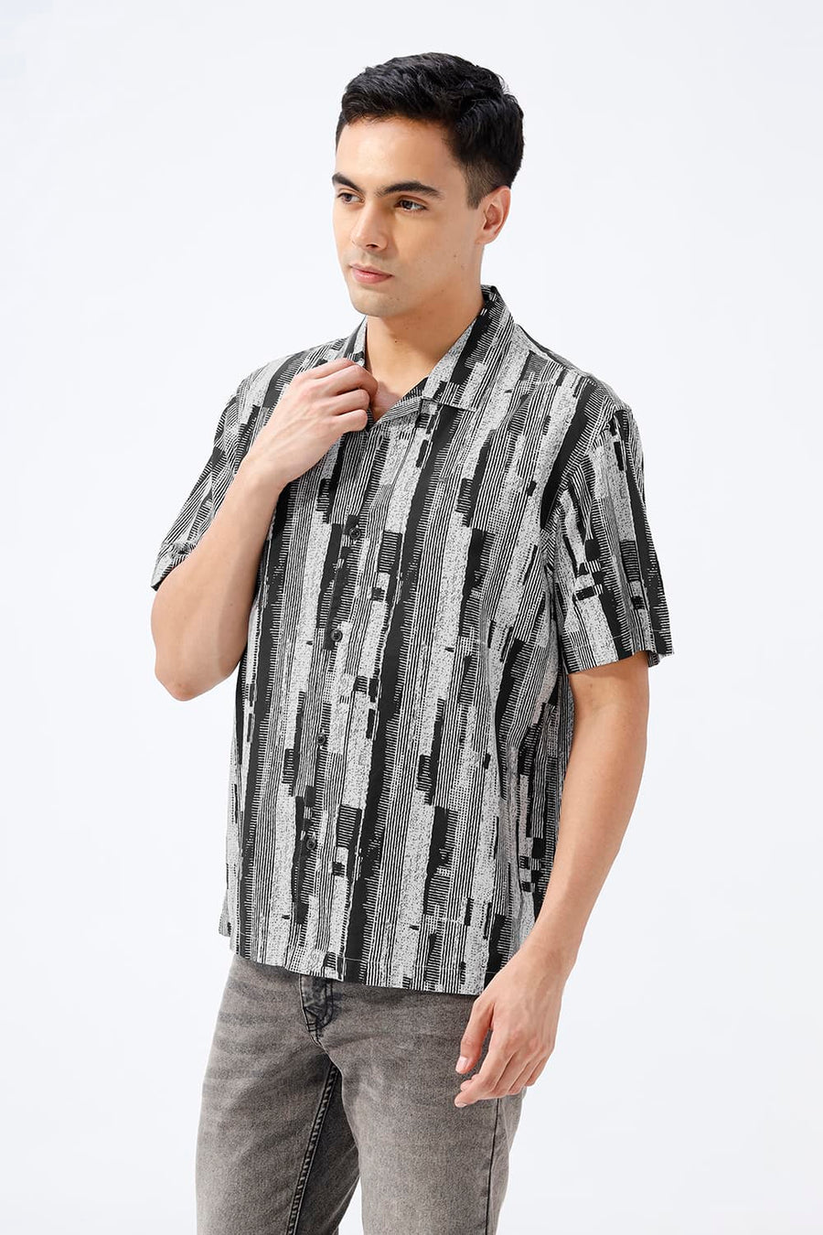 BASICS RELAXED FIT BLACK SEA COTTON VISCOSE DIGITAL PRINTED HALFSLEEVES SHIRT