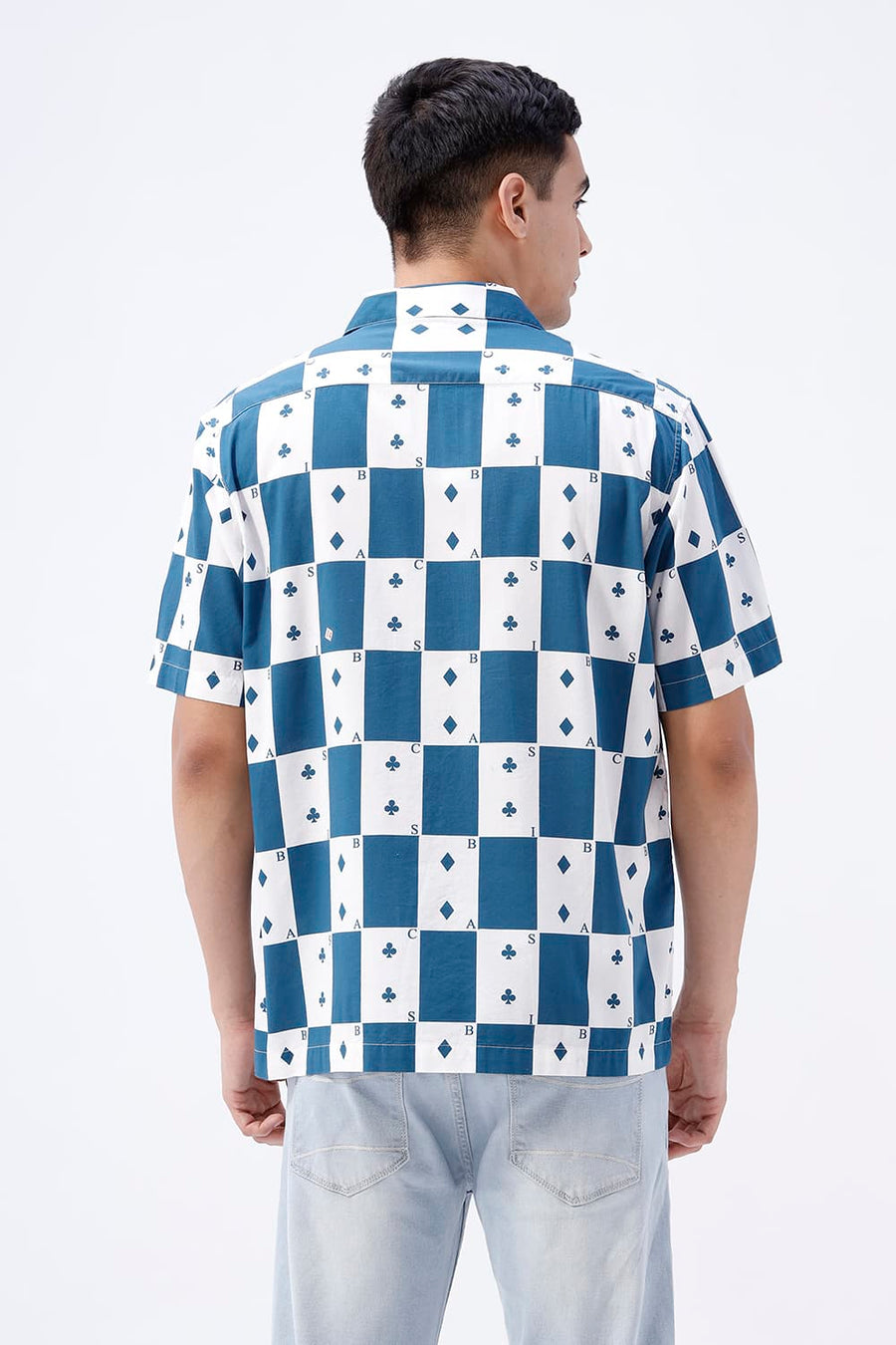 BASICS RELAXED FIT MOROCCAN TEAL COTTON VISCOSE DIGITAL PRINTED HALFSLEEVES SHIRT