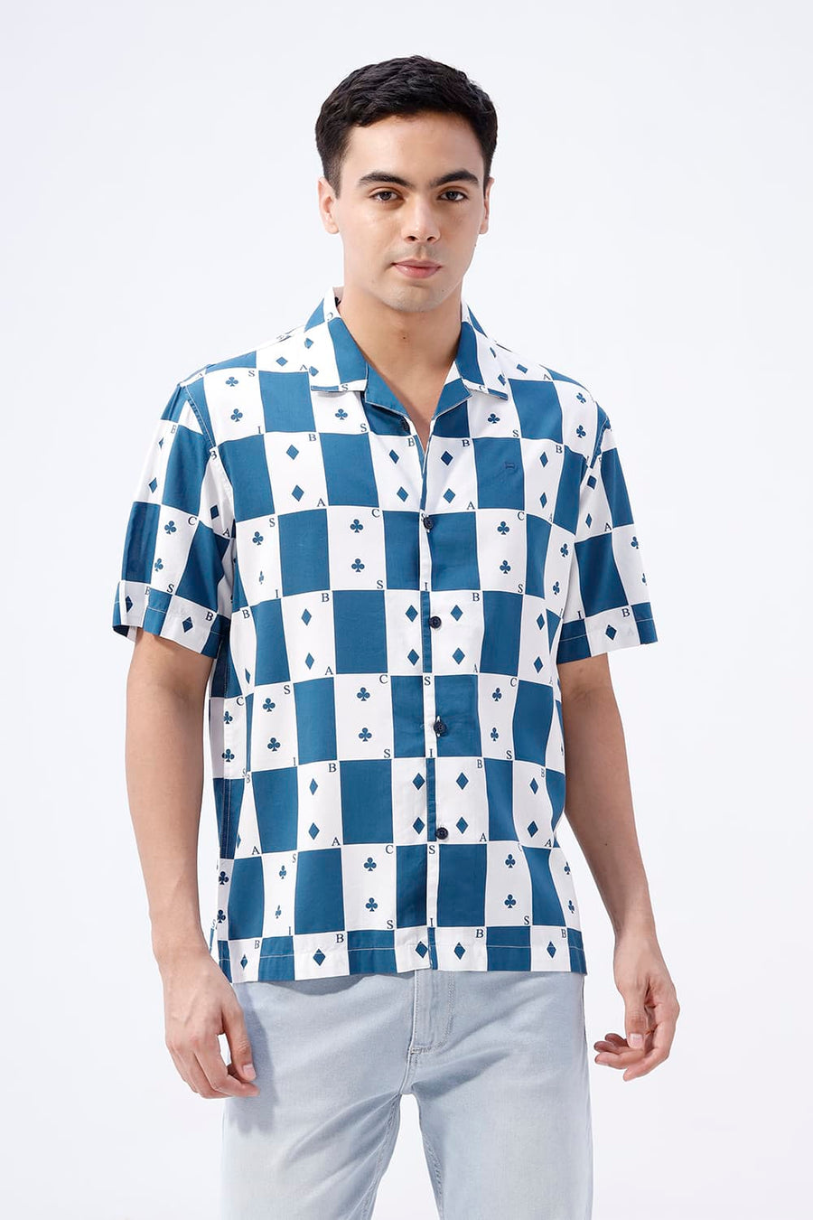 BASICS RELAXED FIT MOROCCAN TEAL COTTON VISCOSE DIGITAL PRINTED HALFSLEEVES SHIRT