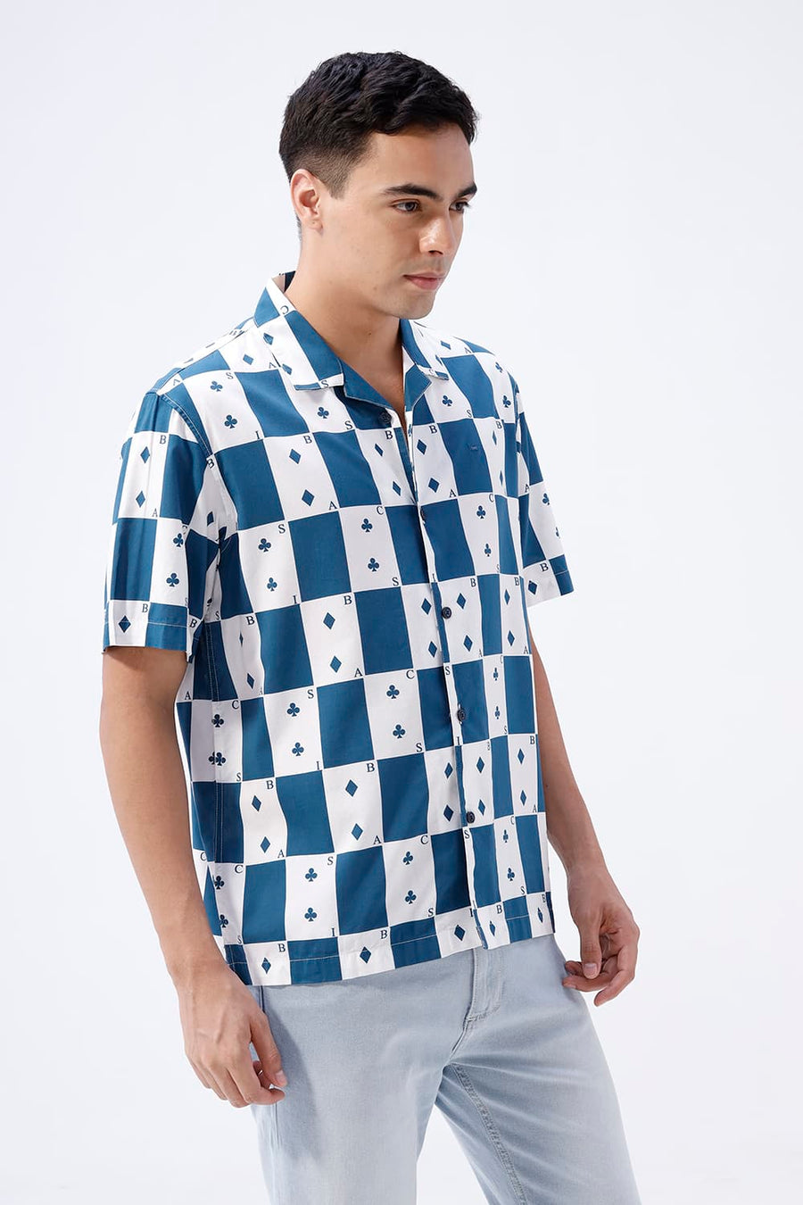 BASICS RELAXED FIT MOROCCAN TEAL COTTON VISCOSE DIGITAL PRINTED HALFSLEEVES SHIRT