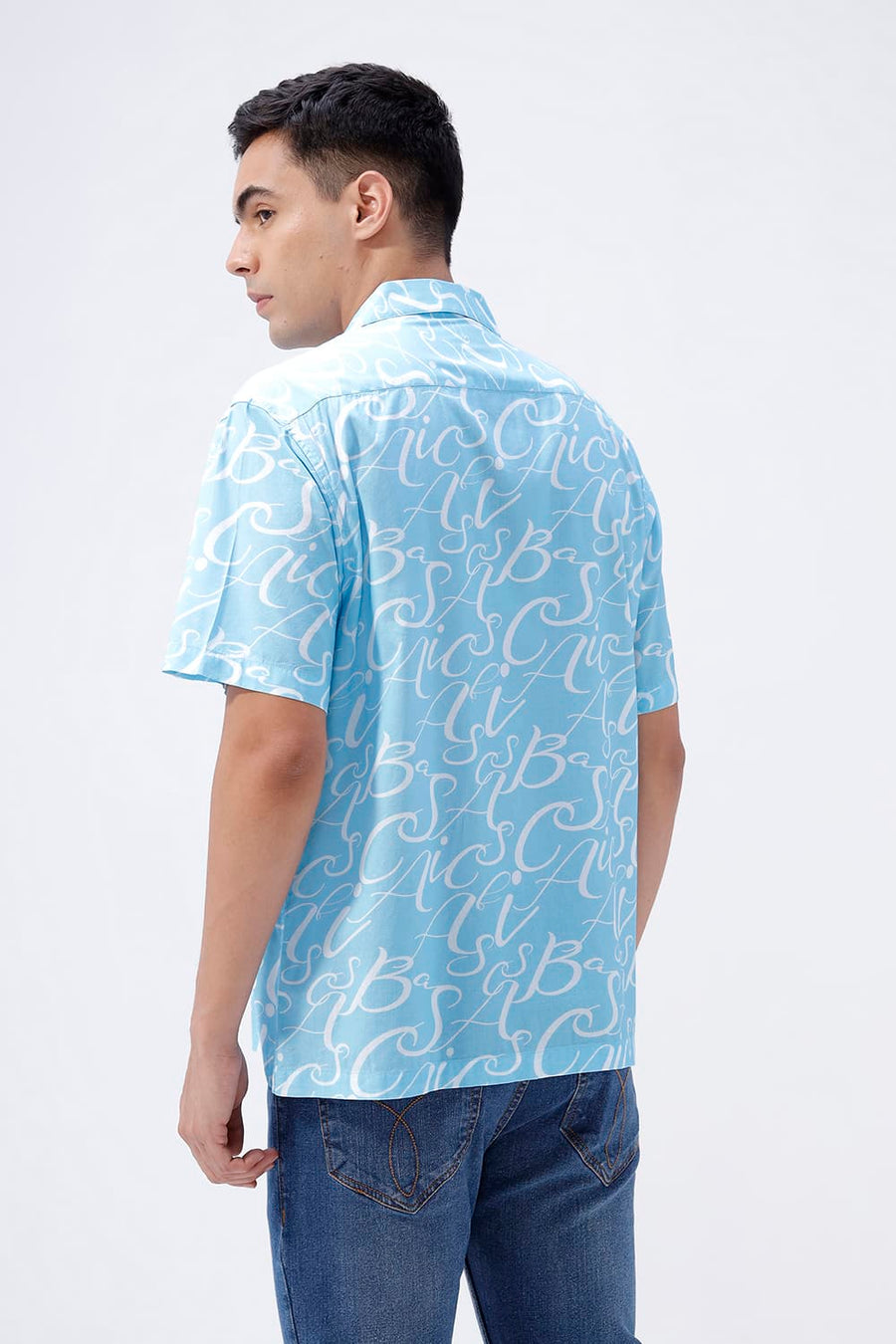 BASICS RELAXED FIT BLUE SPLASH COTTON VISCOSE DIGITAL PRINTED HALFSLEEVES SHIRT