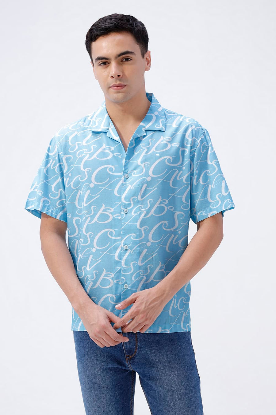 BASICS RELAXED FIT BLUE SPLASH COTTON VISCOSE DIGITAL PRINTED HALFSLEEVES SHIRT