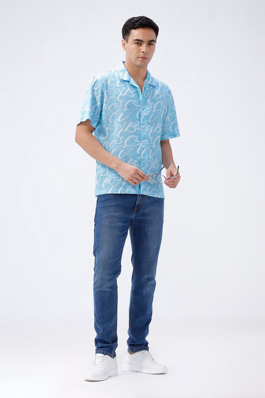 BASICS RELAXED FIT BLUE SPLASH COTTON VISCOSE DIGITAL PRINTED HALFSLEEVES SHIRT