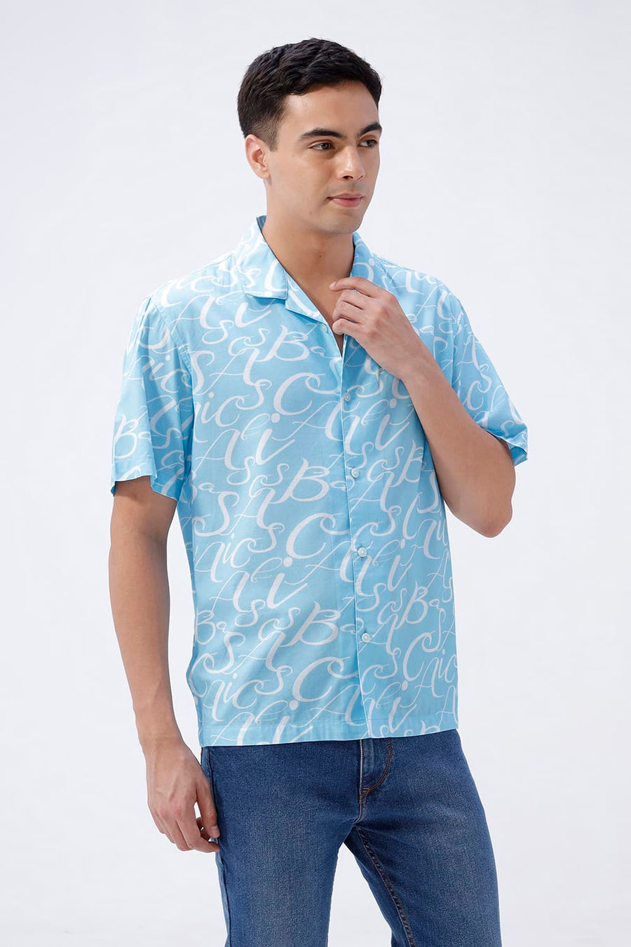 BASICS RELAXED FIT BLUE SPLASH COTTON VISCOSE DIGITAL PRINTED HALFSLEEVES SHIRT