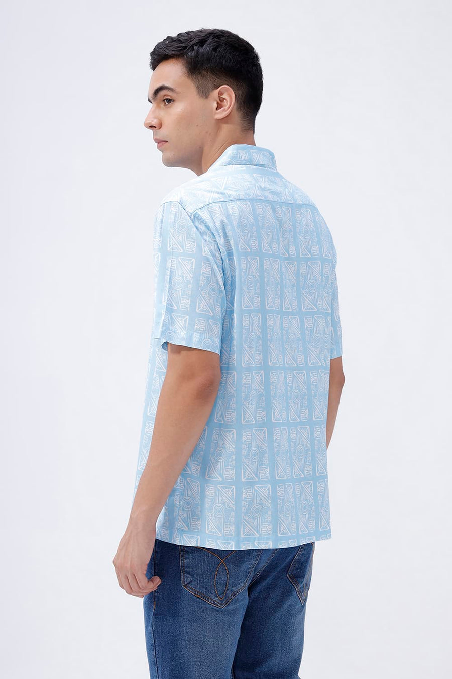 BASICS RELAXED FIT BLUE SPLASH COTTON VISCOSE DIGITAL PRINTED HALFSLEEVES SHIRT