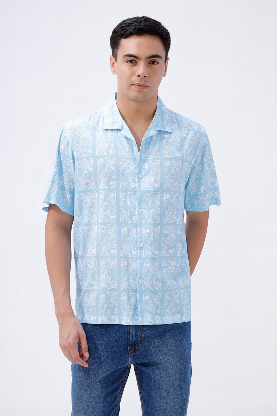 BASICS RELAXED FIT BLUE SPLASH COTTON VISCOSE DIGITAL PRINTED HALFSLEEVES SHIRT