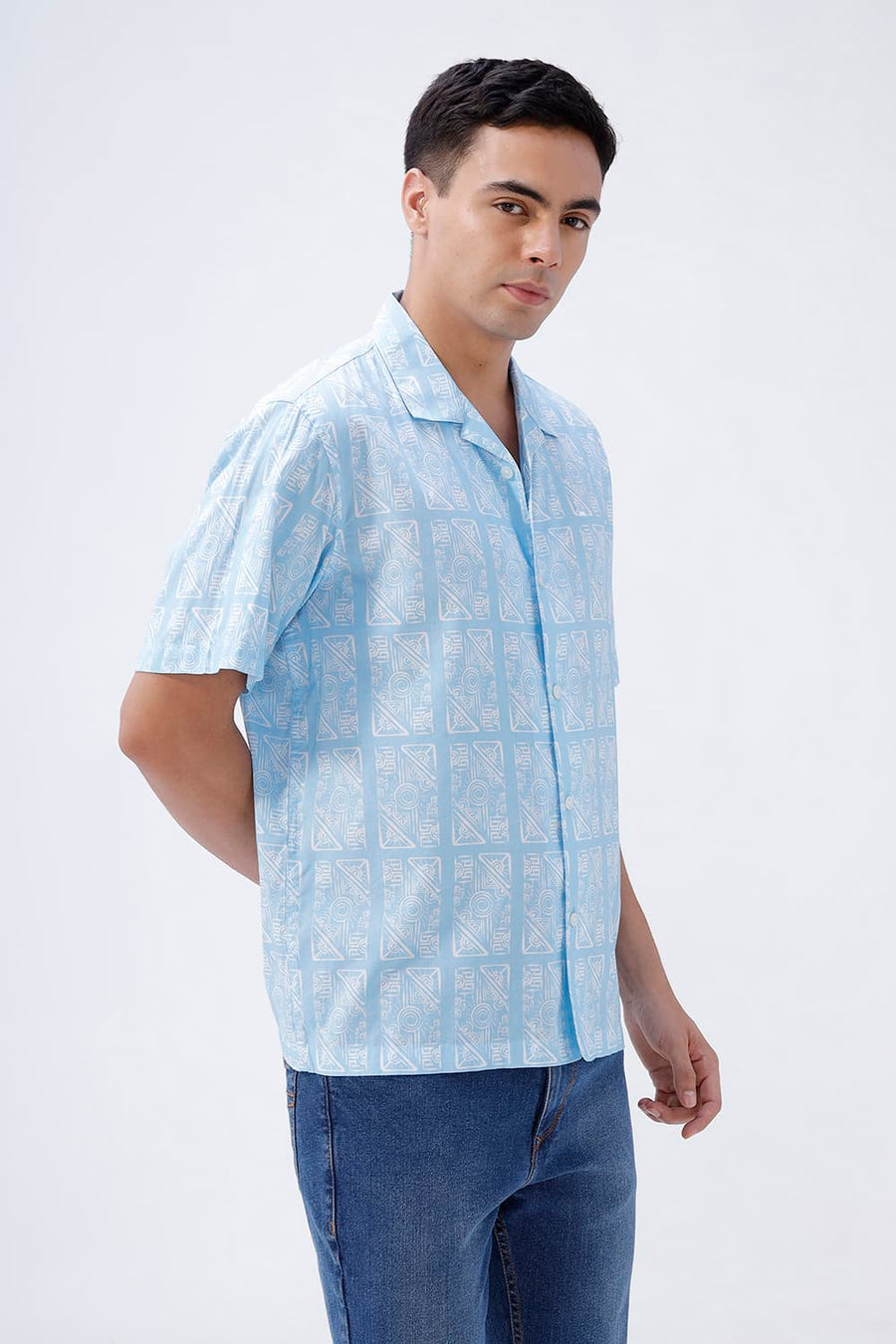 BASICS RELAXED FIT BLUE SPLASH COTTON VISCOSE DIGITAL PRINTED HALFSLEEVES SHIRT