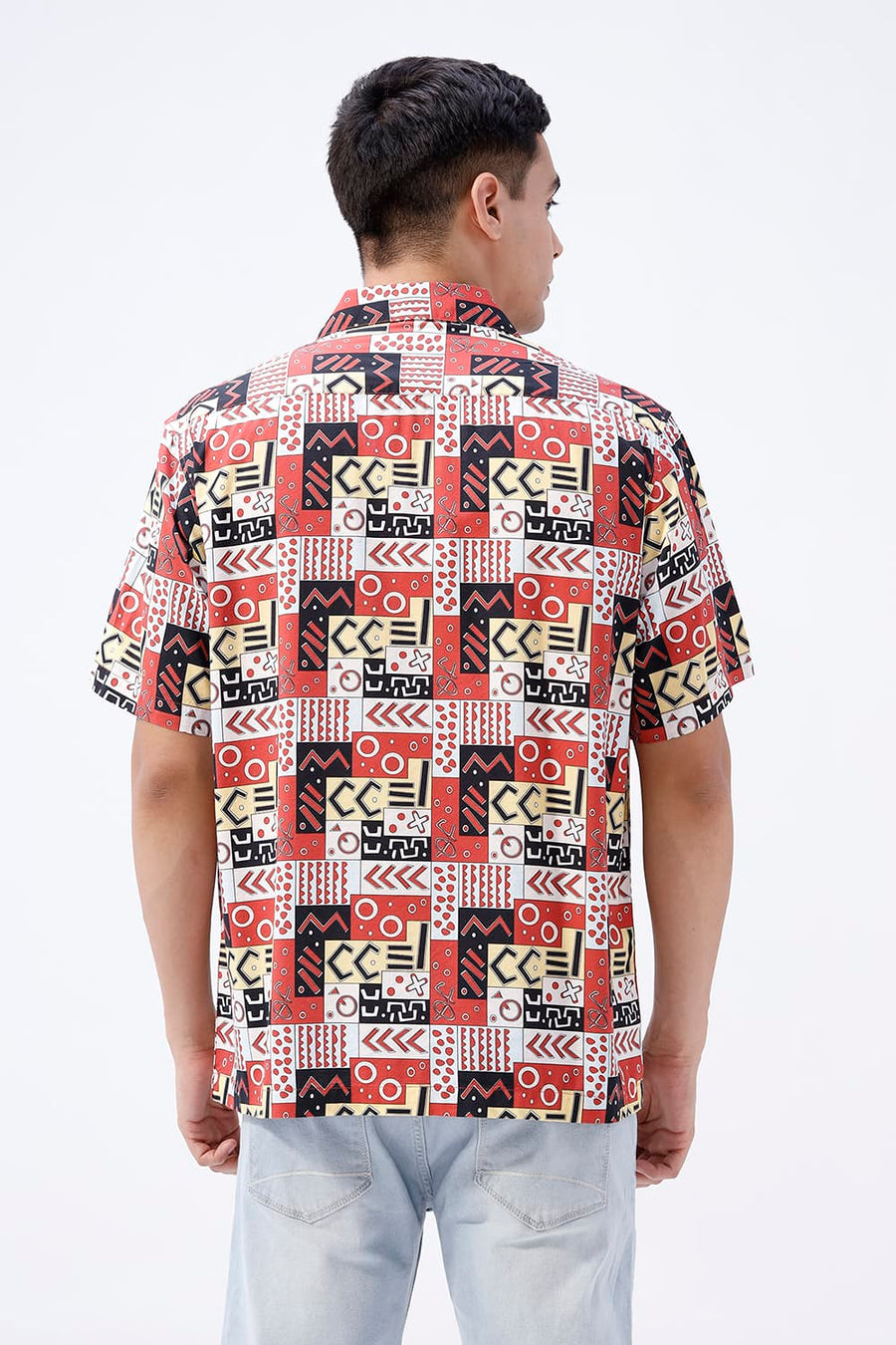 BASICS RELAXED FIT RACING RED COTTON VISCOSE DIGITAL PRINTED HALFSLEEVES SHIRT