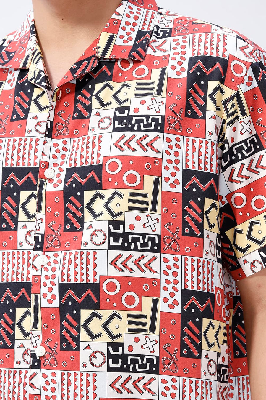 BASICS RELAXED FIT RACING RED COTTON VISCOSE DIGITAL PRINTED HALFSLEEVES SHIRT