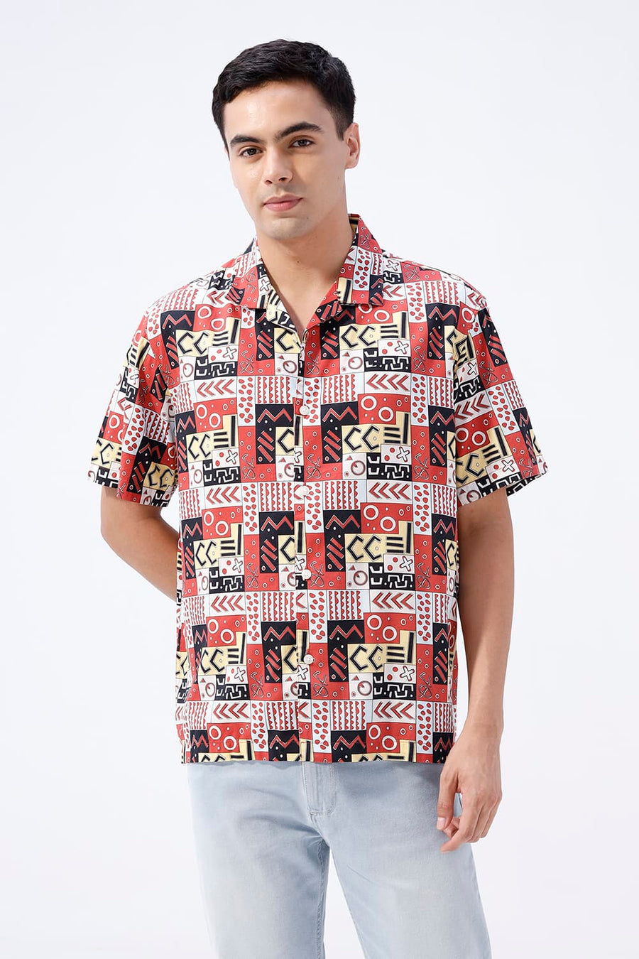BASICS RELAXED FIT RACING RED COTTON VISCOSE DIGITAL PRINTED HALFSLEEVES SHIRT