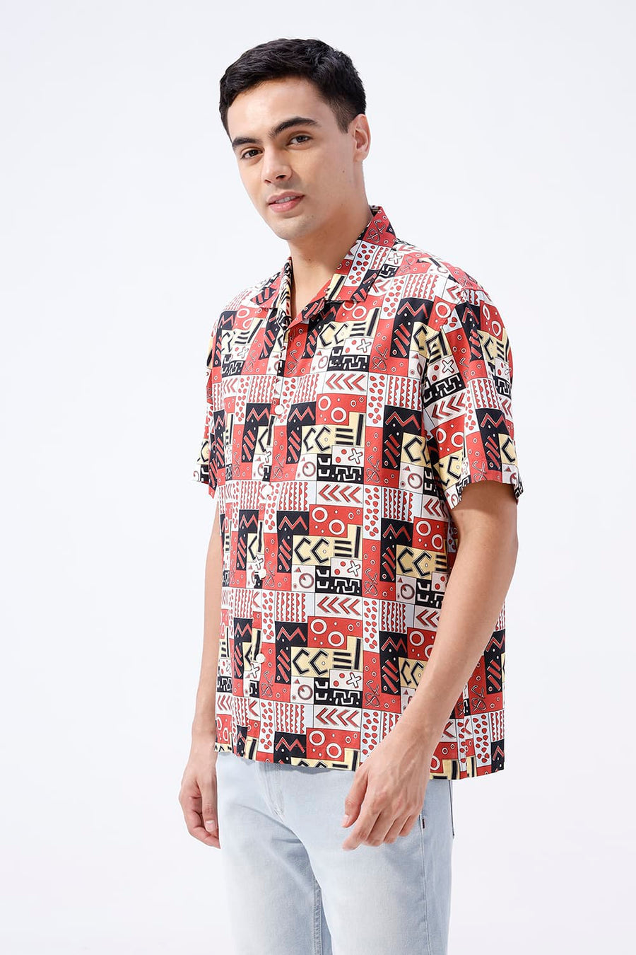 BASICS RELAXED FIT RACING RED COTTON VISCOSE DIGITAL PRINTED HALFSLEEVES SHIRT