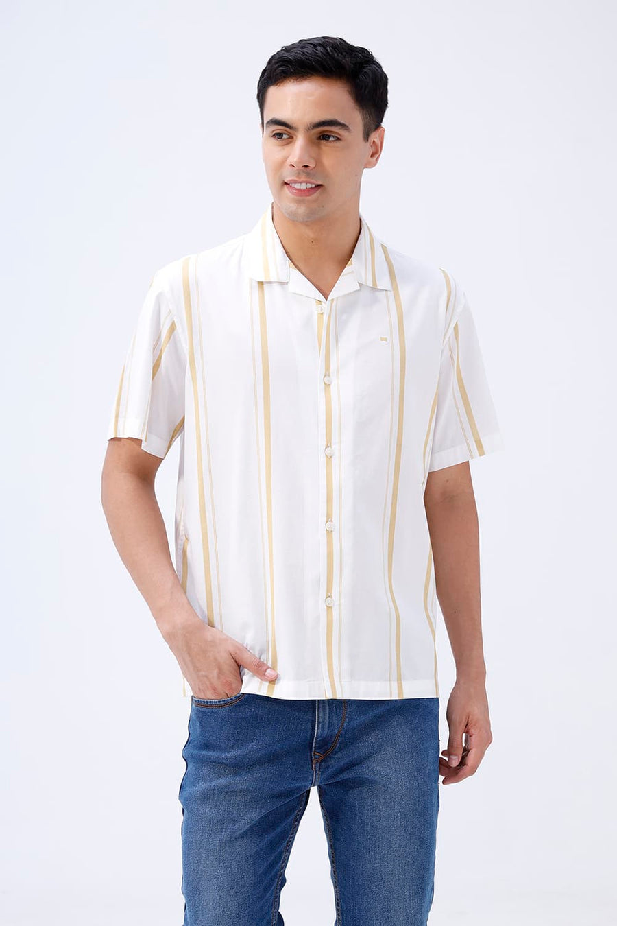 BASICS RELAXED FIT YELLOW DOVE COTTON VISCOSE DIGITAL PRINTED HALFSLEEVES SHIRT