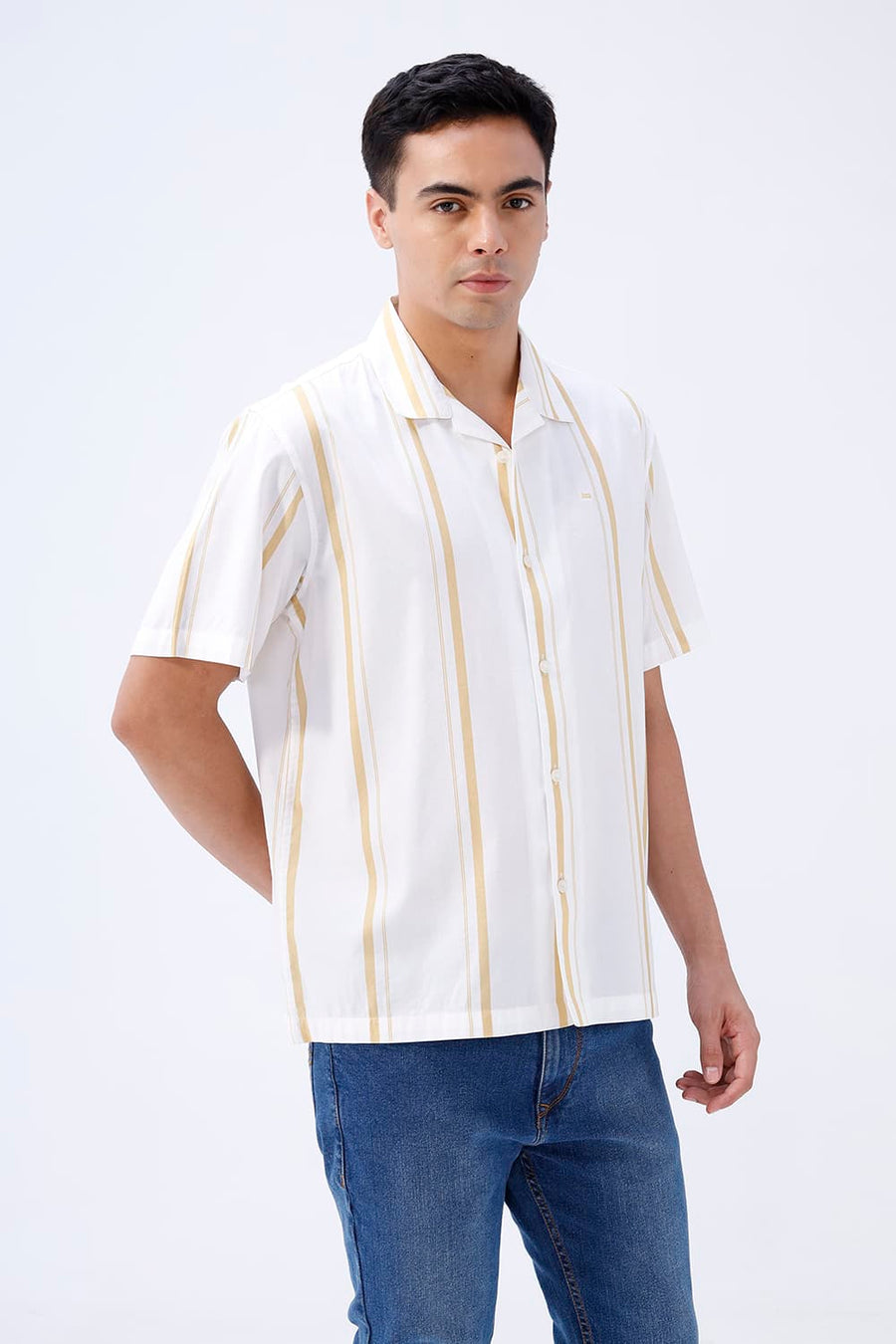 BASICS RELAXED FIT YELLOW DOVE COTTON VISCOSE DIGITAL PRINTED HALFSLEEVES SHIRT
