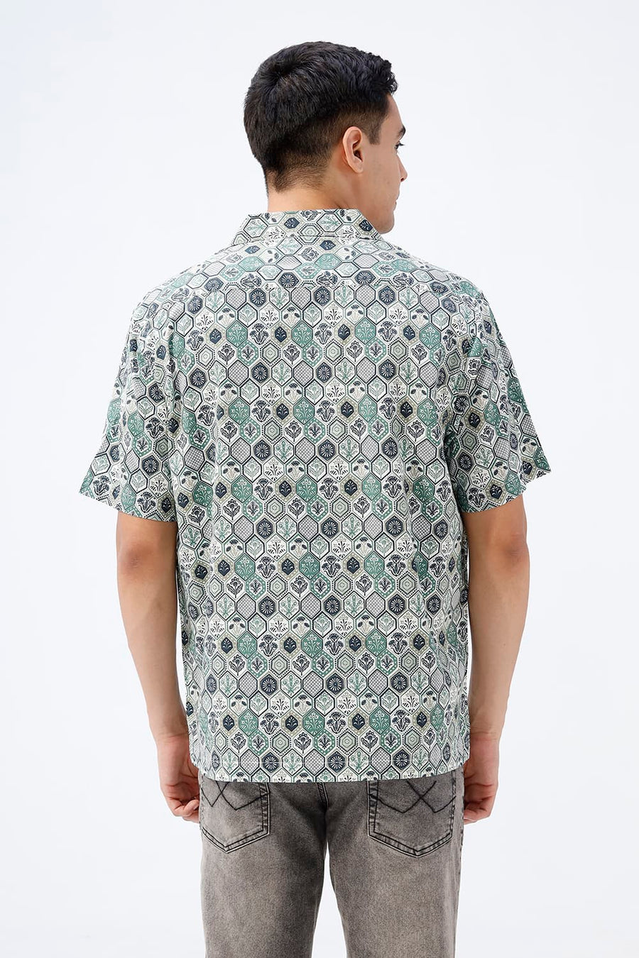 BASICS RELAXED FIT ELM GREEN COTTON VISCOSE DIGITAL PRINTED HALFSLEEVES SHIRT