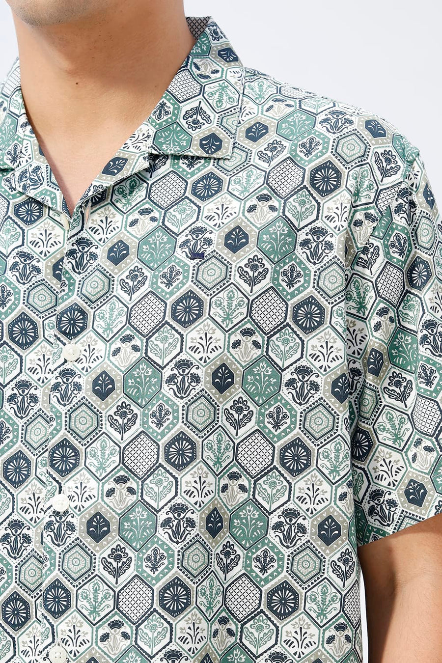 BASICS RELAXED FIT ELM GREEN COTTON VISCOSE DIGITAL PRINTED HALFSLEEVES SHIRT