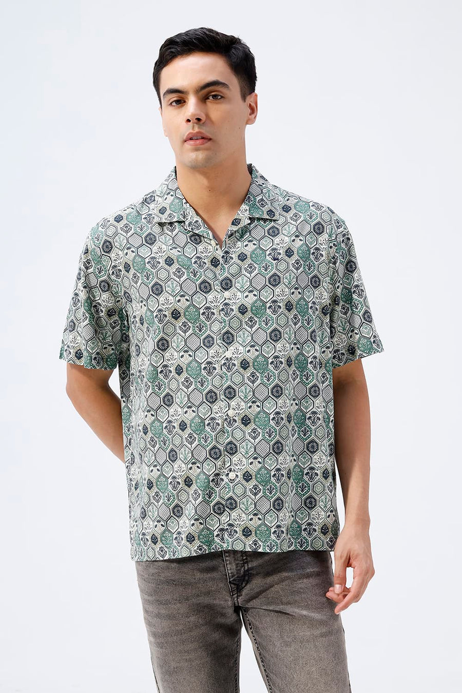 BASICS RELAXED FIT ELM GREEN COTTON VISCOSE DIGITAL PRINTED HALFSLEEVES SHIRT