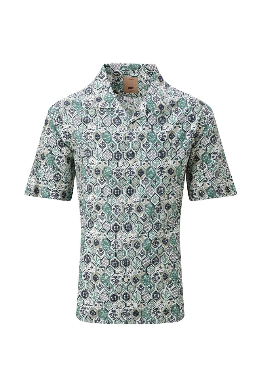 BASICS RELAXED FIT ELM GREEN COTTON VISCOSE DIGITAL PRINTED HALFSLEEVES SHIRT