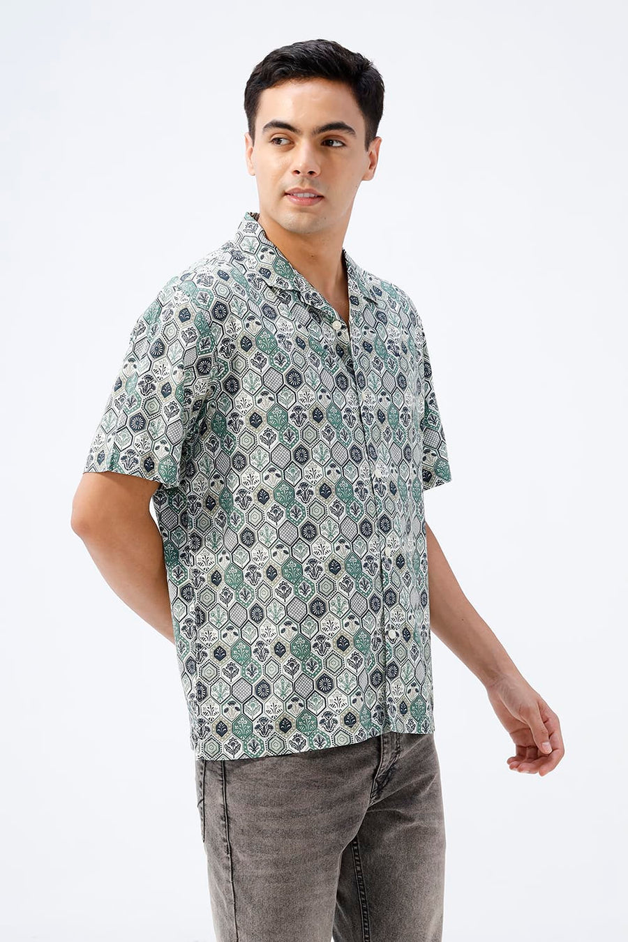 BASICS RELAXED FIT ELM GREEN COTTON VISCOSE DIGITAL PRINTED HALFSLEEVES SHIRT