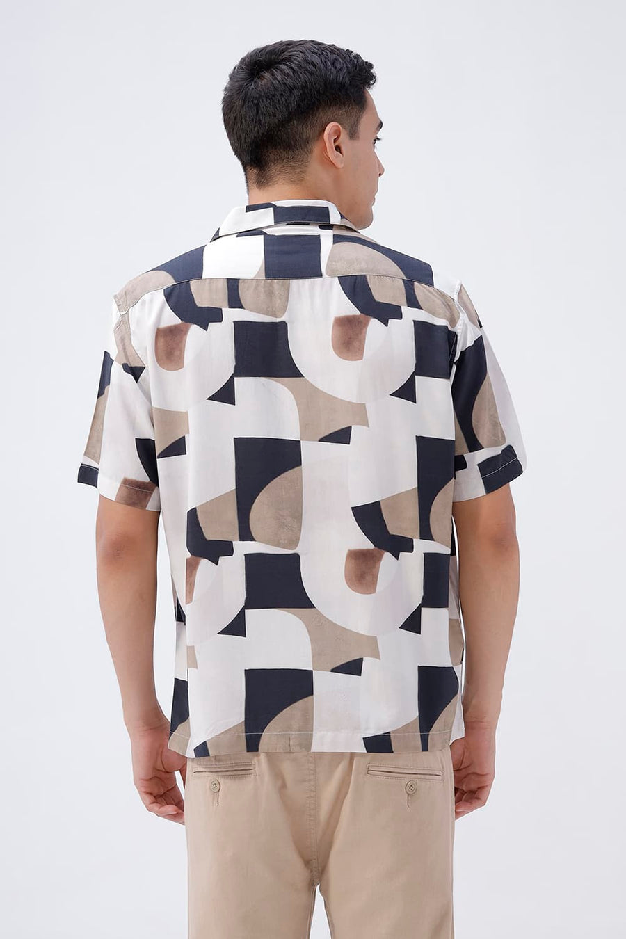 BASICS RELAXED FIT CHARCOAL BLACK COTTON VISCOSE DIGITAL PRINTED HALFSLEEVES SHIRT