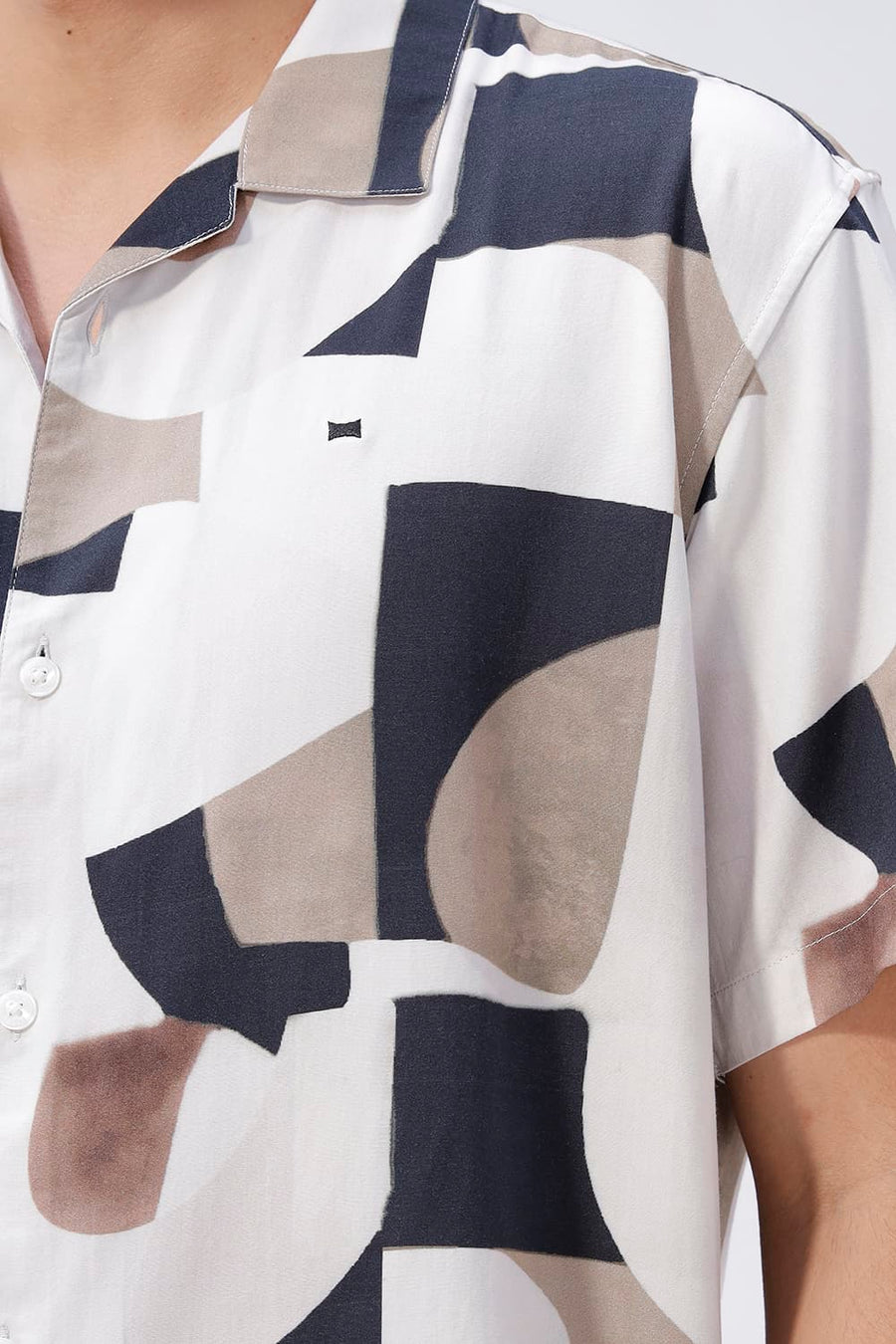 BASICS RELAXED FIT CHARCOAL BLACK COTTON VISCOSE DIGITAL PRINTED HALFSLEEVES SHIRT